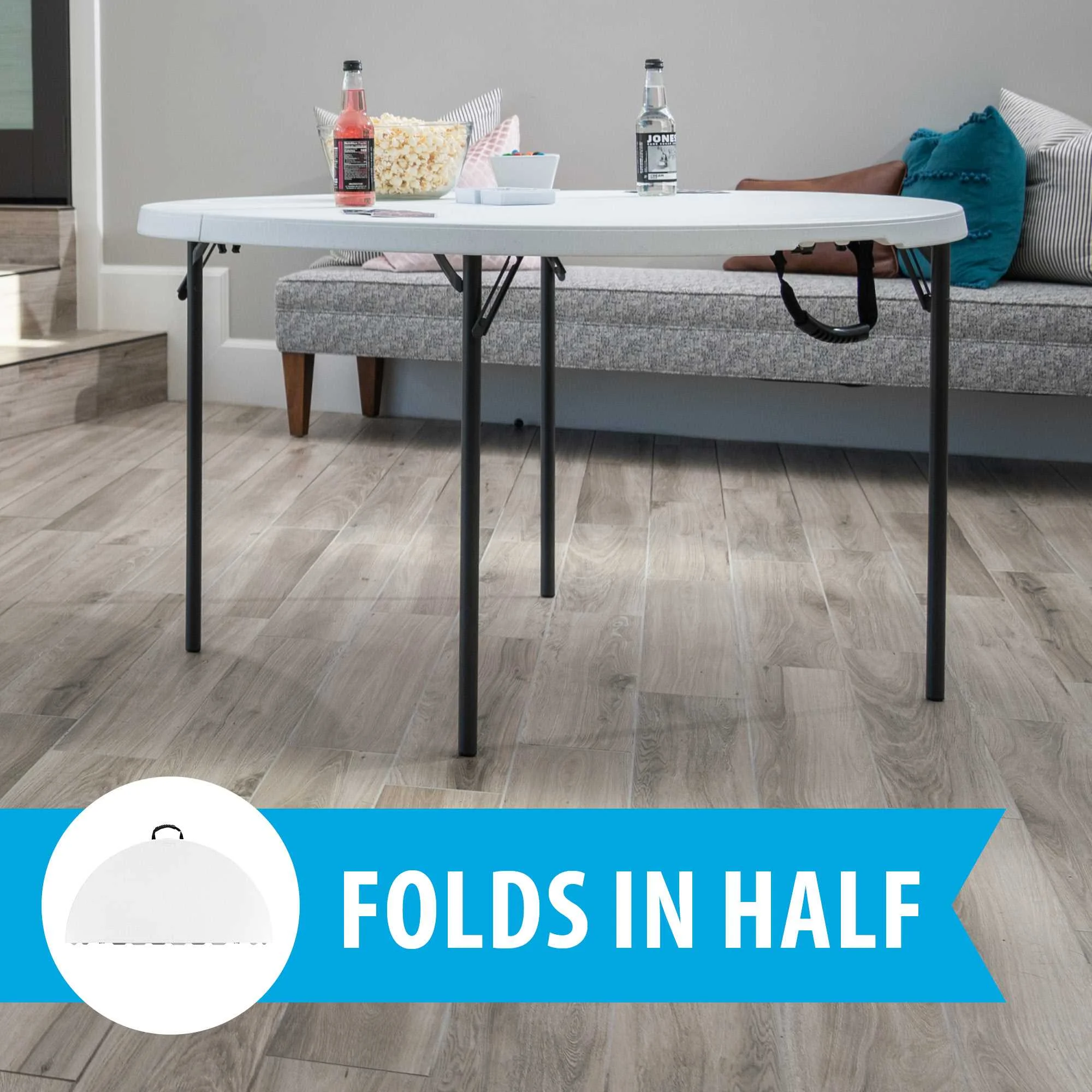 48 inch Round Fold-in-Half Table, Indoor/Outdoor Essential, White Granite (280064)(White Granite) - Image 6