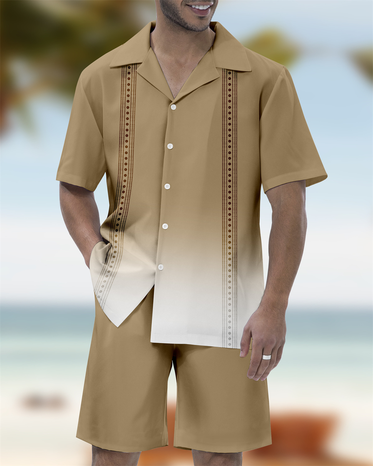 Ensemble chemise à manches courtes pour homme, imprimé rayures dégradées, col cubain hawaïen