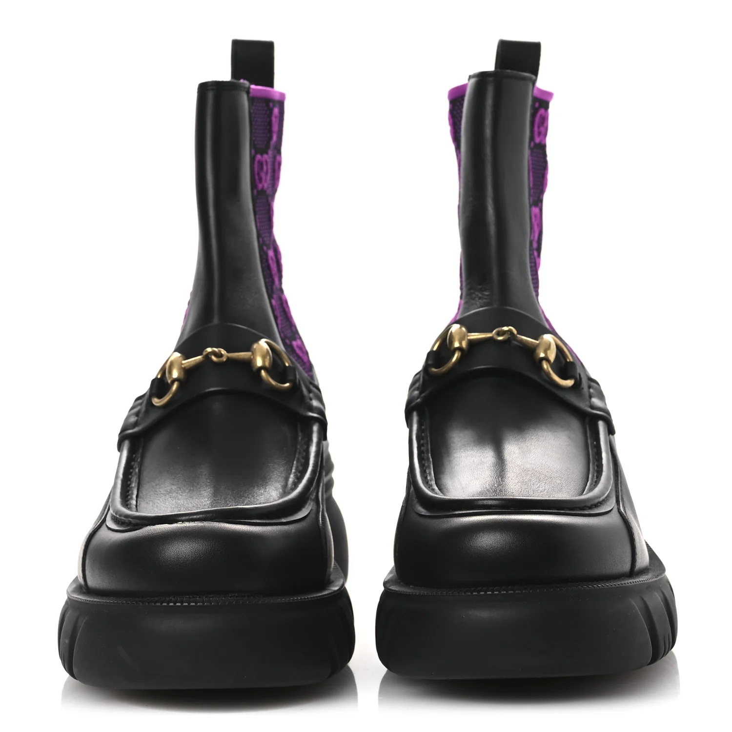 Quebec Calfskin Technical Jersey Knit GG Monogram Horsebit Ankle Boots 42 Black Fucsia