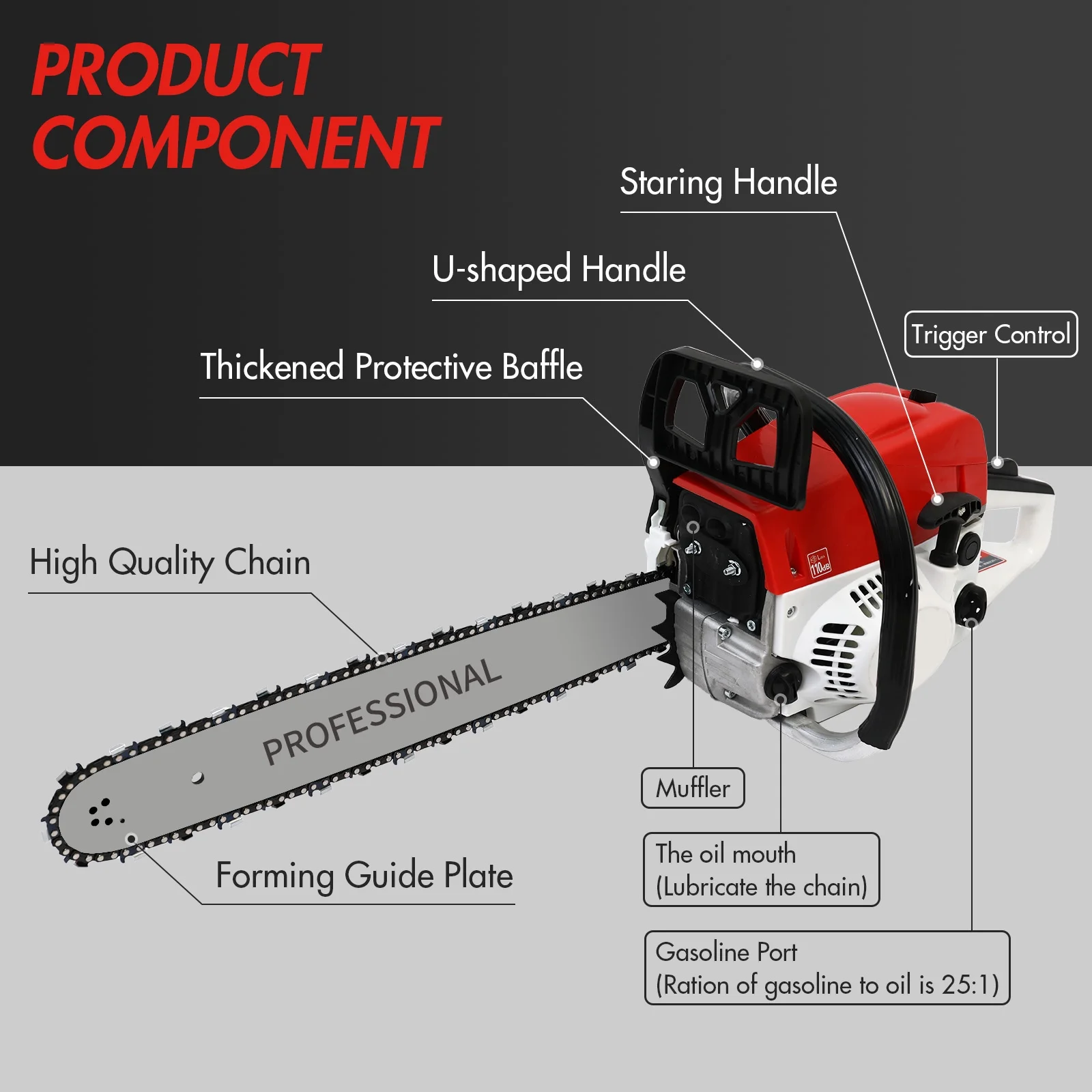 Gas Chainsaw, 12" Bar Gasline Chainsaw, 2-Cycle Chainsaw for Farm/Ranch/Garden(25.4 cc) - Image 9