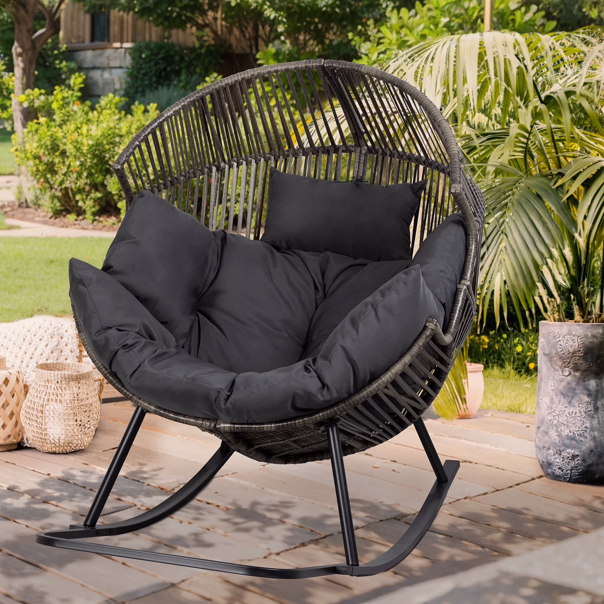 Egg Chairs Outdoor Patio Wicker Oversized Egg Shell Lounger Lawn Chair with Cushion for Indoor Outside Porch Balcony Backyard, Original Wood Color Rattan Beige Cushion(Wooden Color Rattan Beige Cushion/No-Rocking) - Image 3