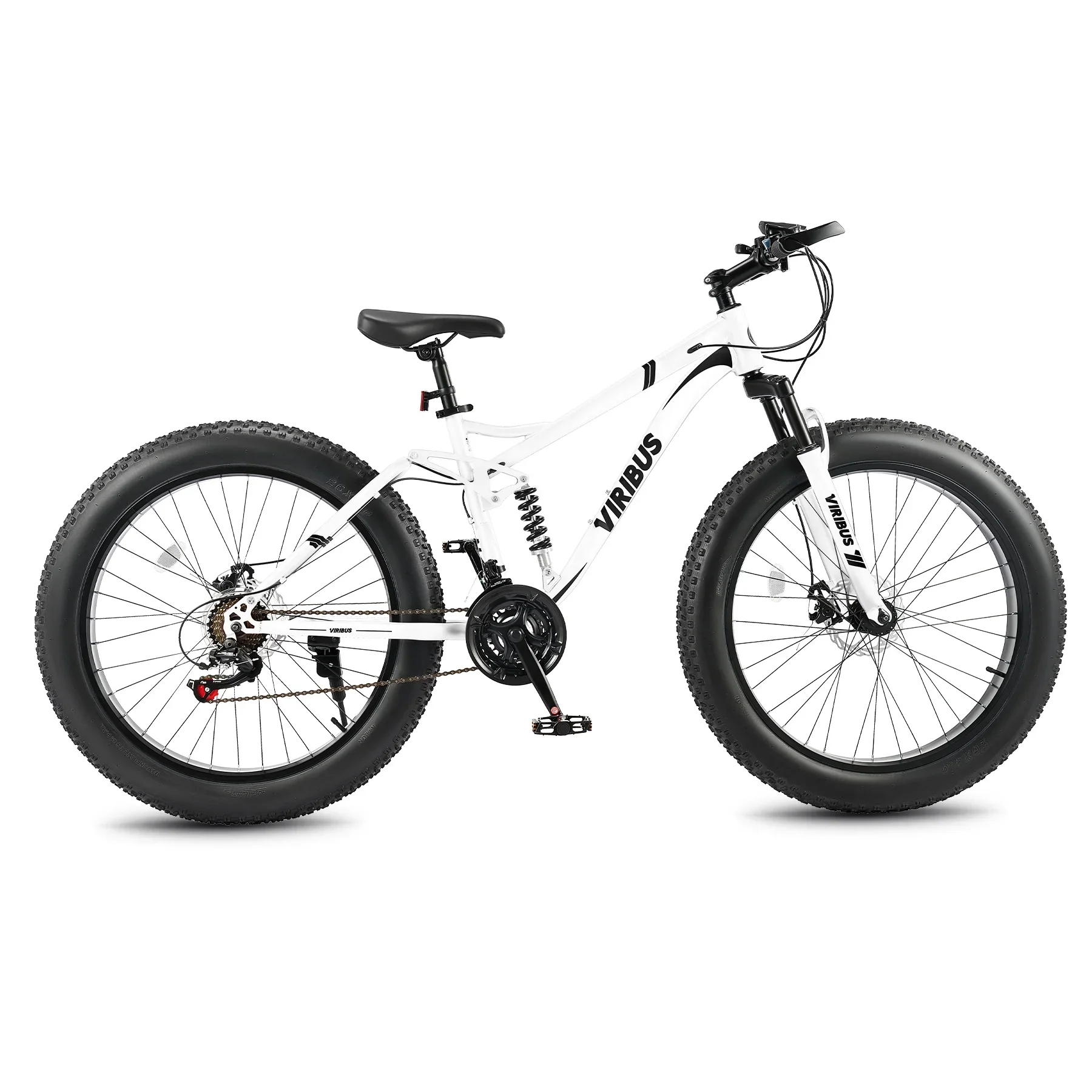 VIRIBUS 26 Fat Tire Mountain Bike Full Suspension Bike with 21 Speeds Disc Brakes White