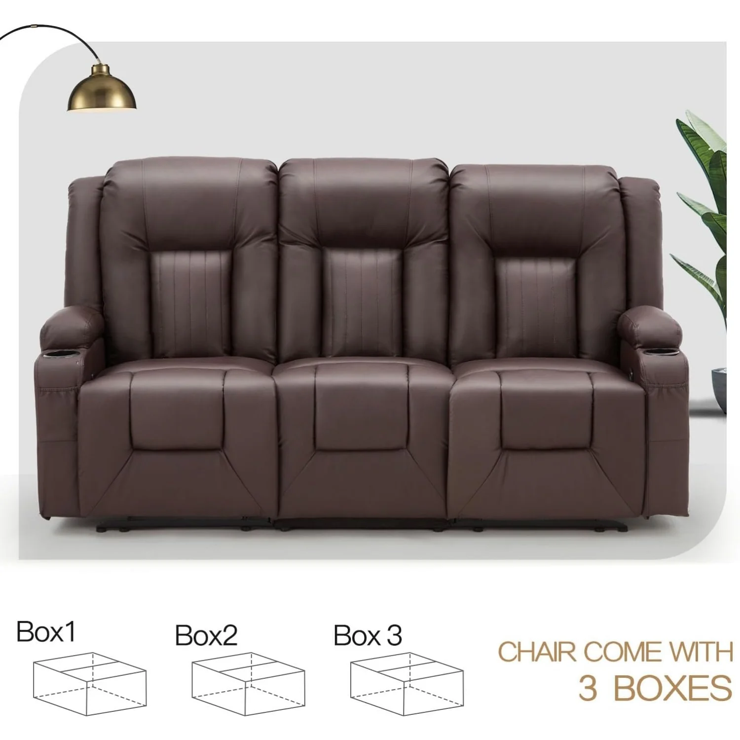 AECOJOY 3 Seater Reclining Sofa with 2 Cup Holders&Side Pockets, Brown