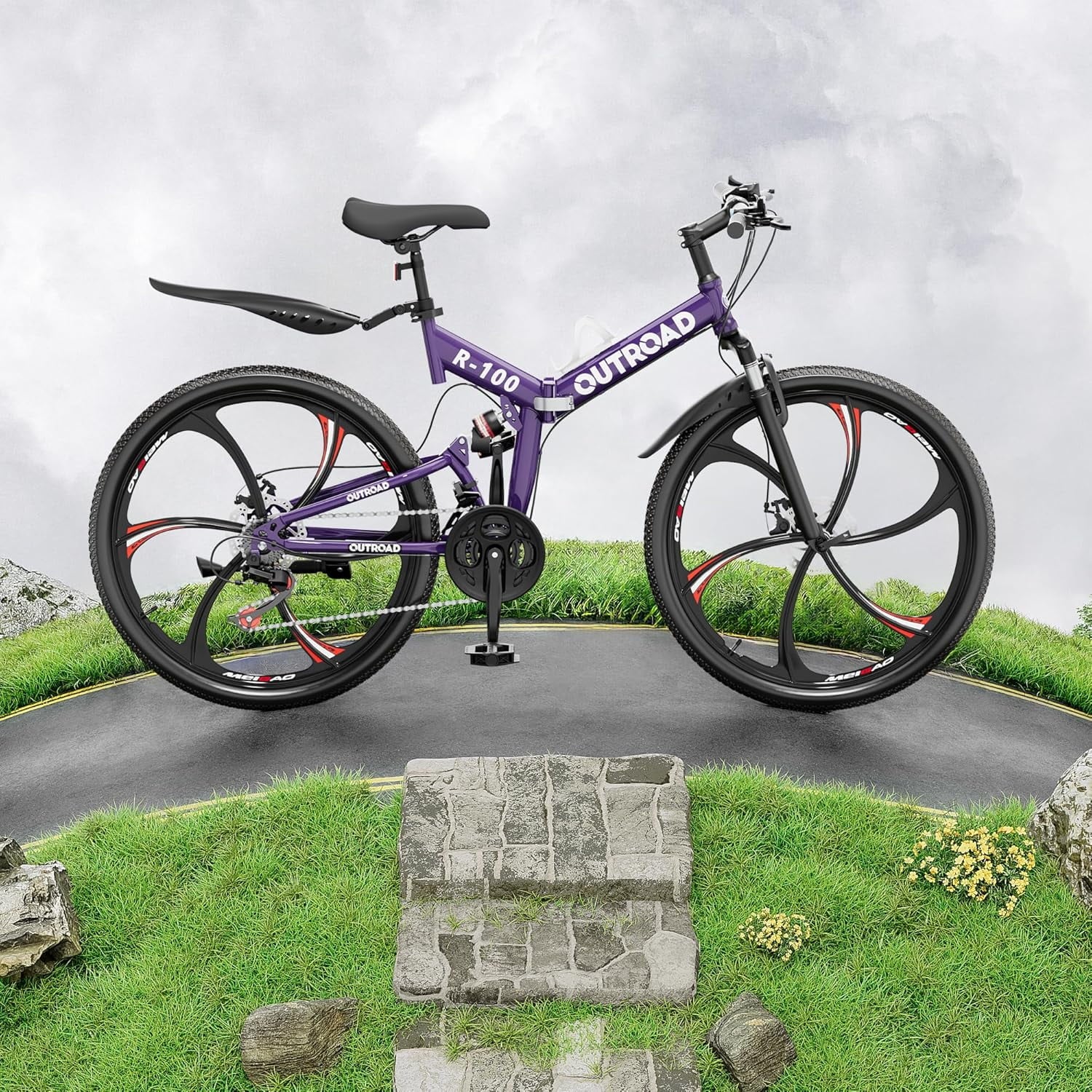 SUNCROWN 26 Inch Folding Mountain Bike, 21 Speed Full Suspension High-Carbon Steel MTB Foldable Bicycle, Dual Disc Brake Non-Slip Folding Bikes for Adults/Men/Women, Black
