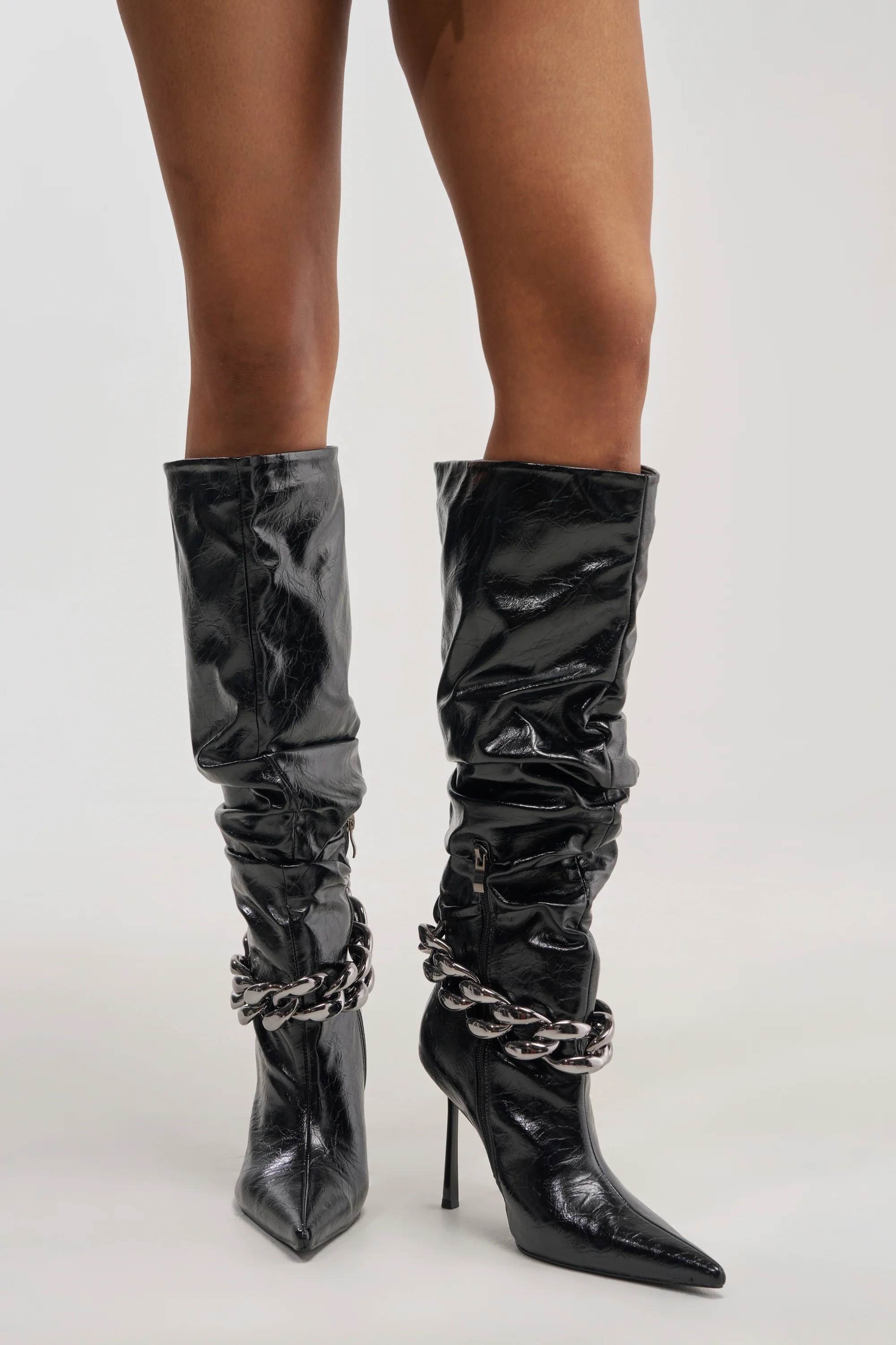 AKIRA GOLD AFTERHOURS BLACK STILETTO BOOT WITH METAL DETAIL - Akira Store