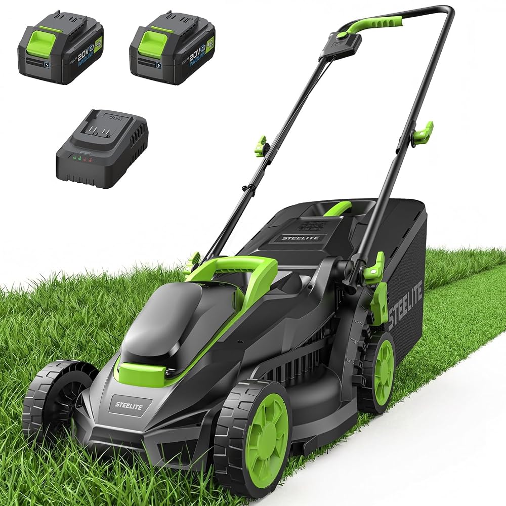 STEELITE Cordless Lawn Mower, 20V Battery Powered Lawn Mower 13 Inch with 2 x 4.0Ah Batteries & Charger, Brushless Electric Lawn Mower, Up to 50 Min Runtime