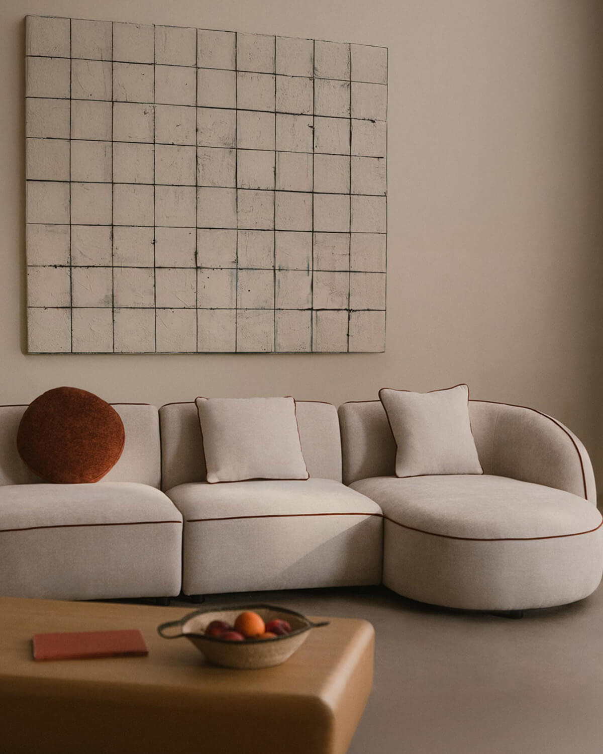 Ilham - Sofá Modular 3 Piezas Chaise Longue con 2 Sillones y Puff Redondo de Tela Ilham