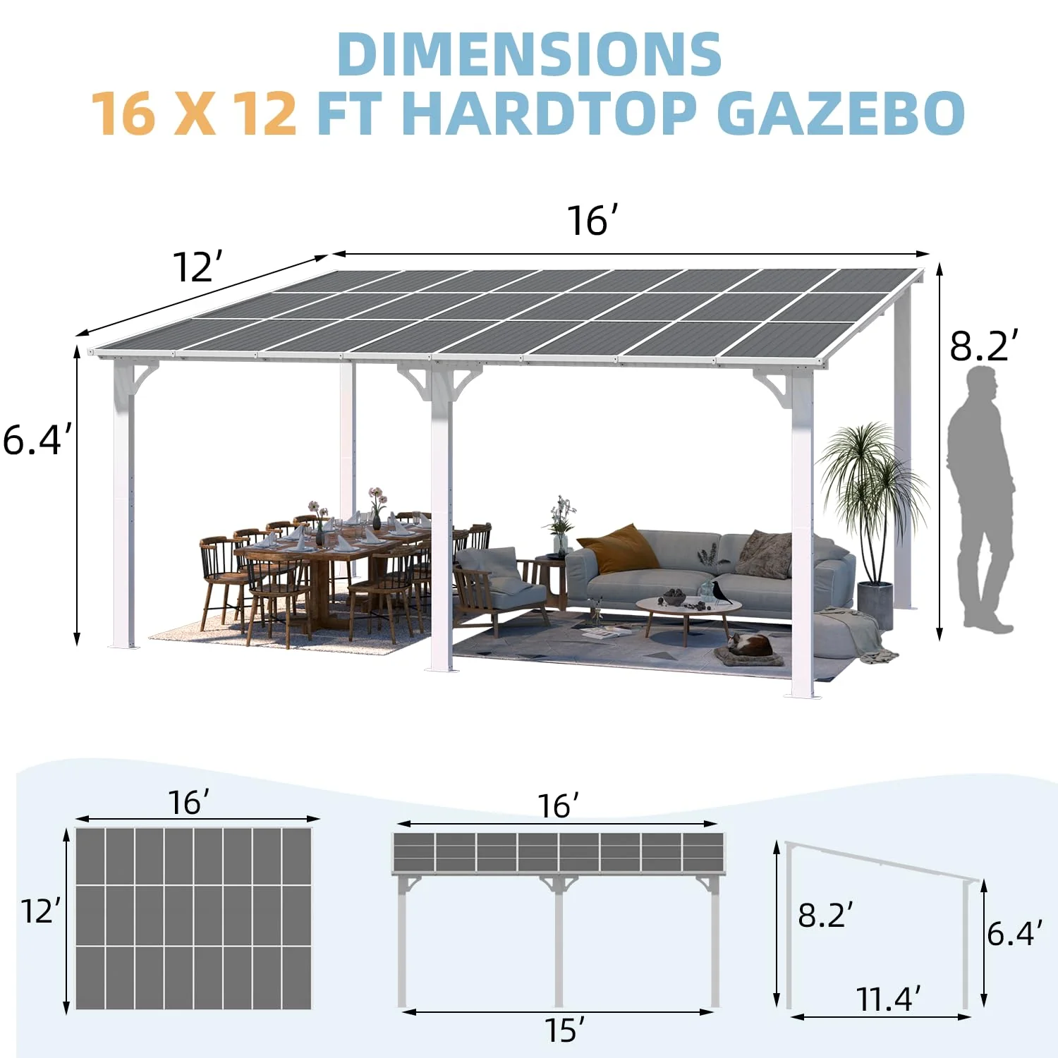 AECOJOY 16'x12' Wall Mounted Gazebos Pergola, White
