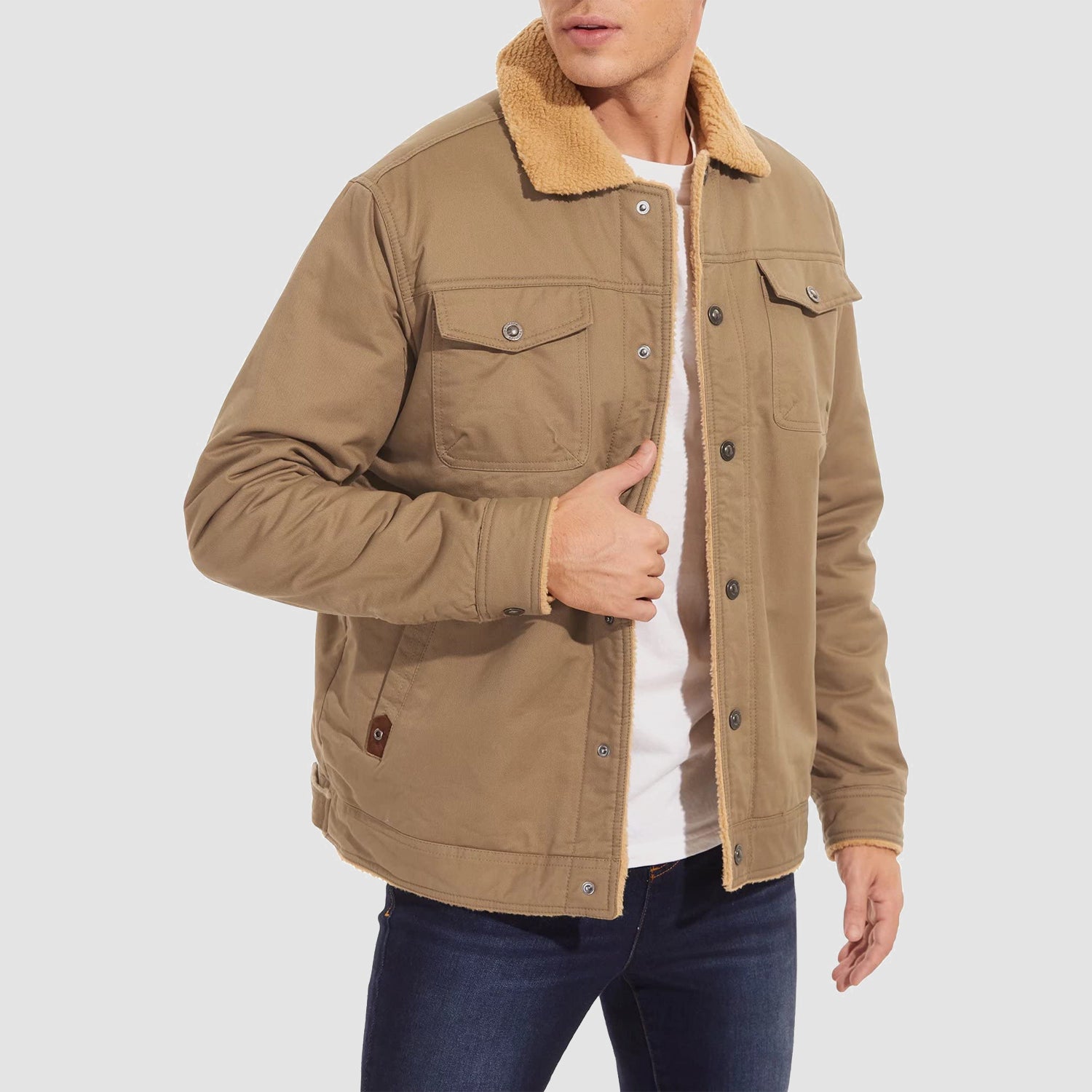 Veste cargo en coton sherpa pour homme, 5 poches, col rabattu, manteau d'hiver