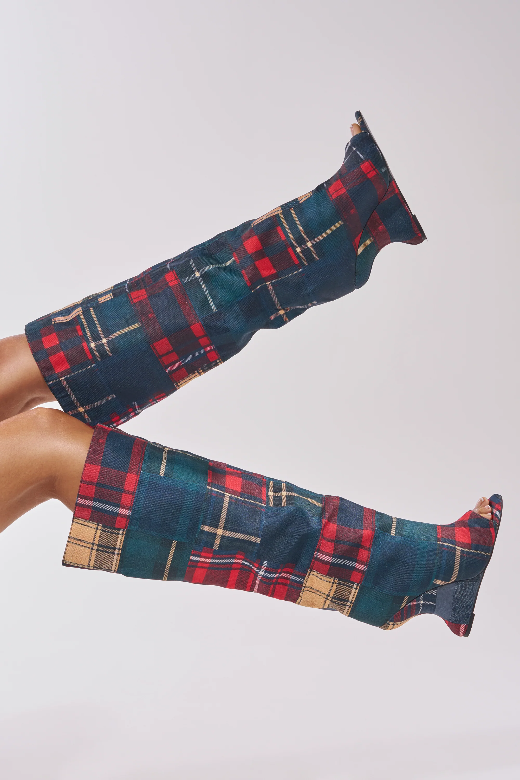 AZALEA WANG VINCENT PLAID PRINTED OPEN TOE BOOT - Akira Store