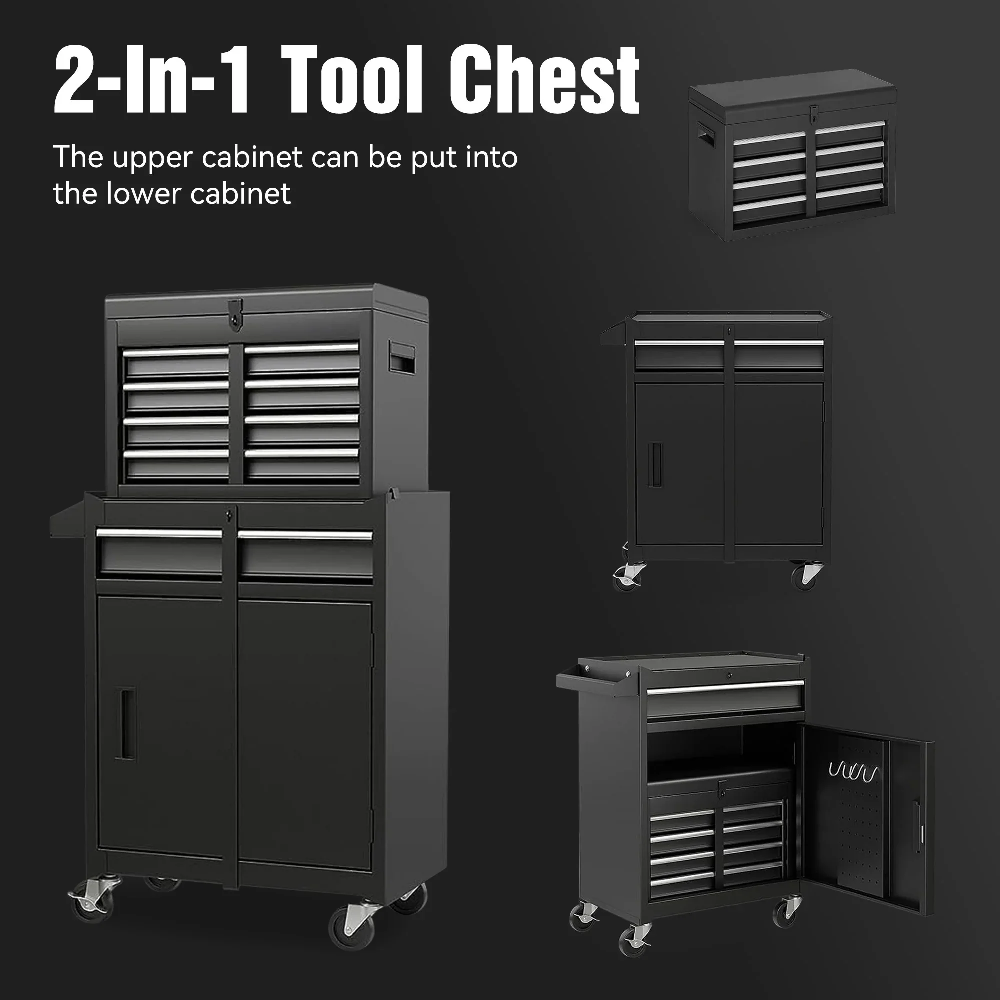 Rolling Tool Box, 5-Drawer Tool Chest On Wheels, Heavy Duty Garage Storage Cabinet with Top Box, 154pcs tools, Detachable Tool Organizer Lockable