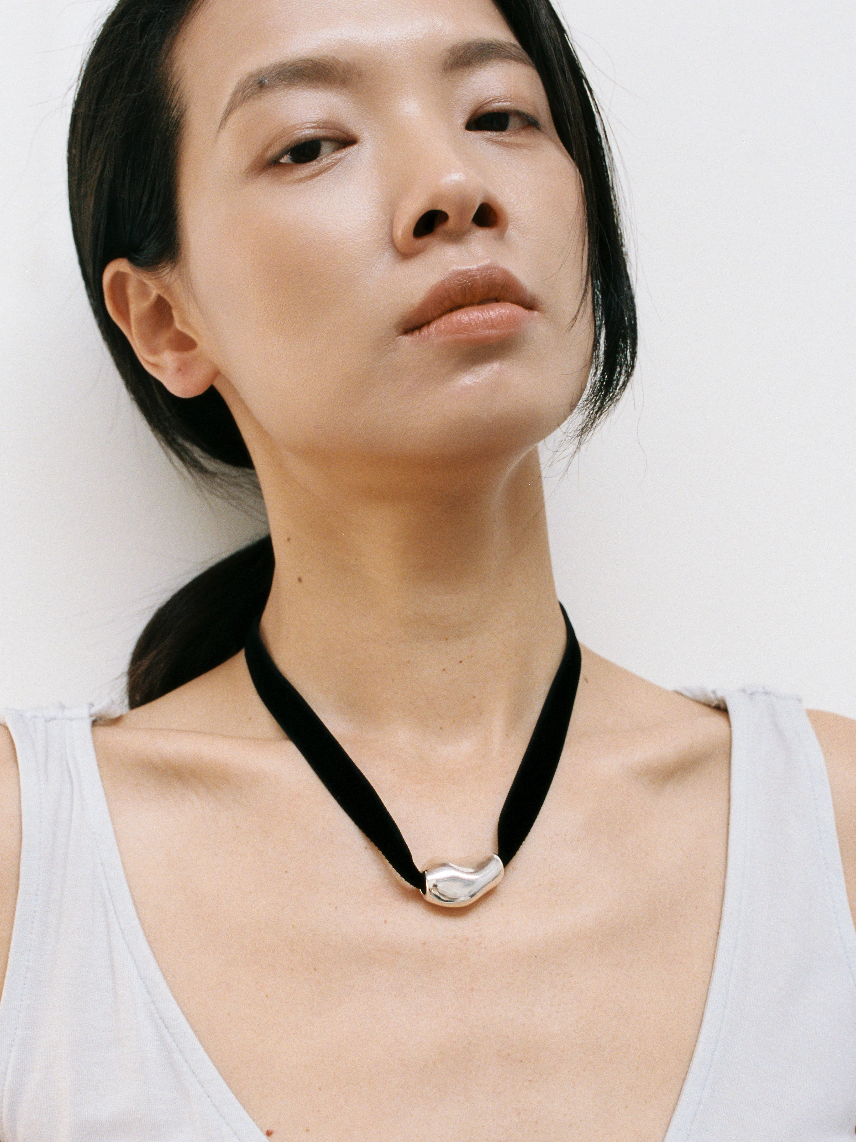 Bean Pendant on Velvet Cord in Silver