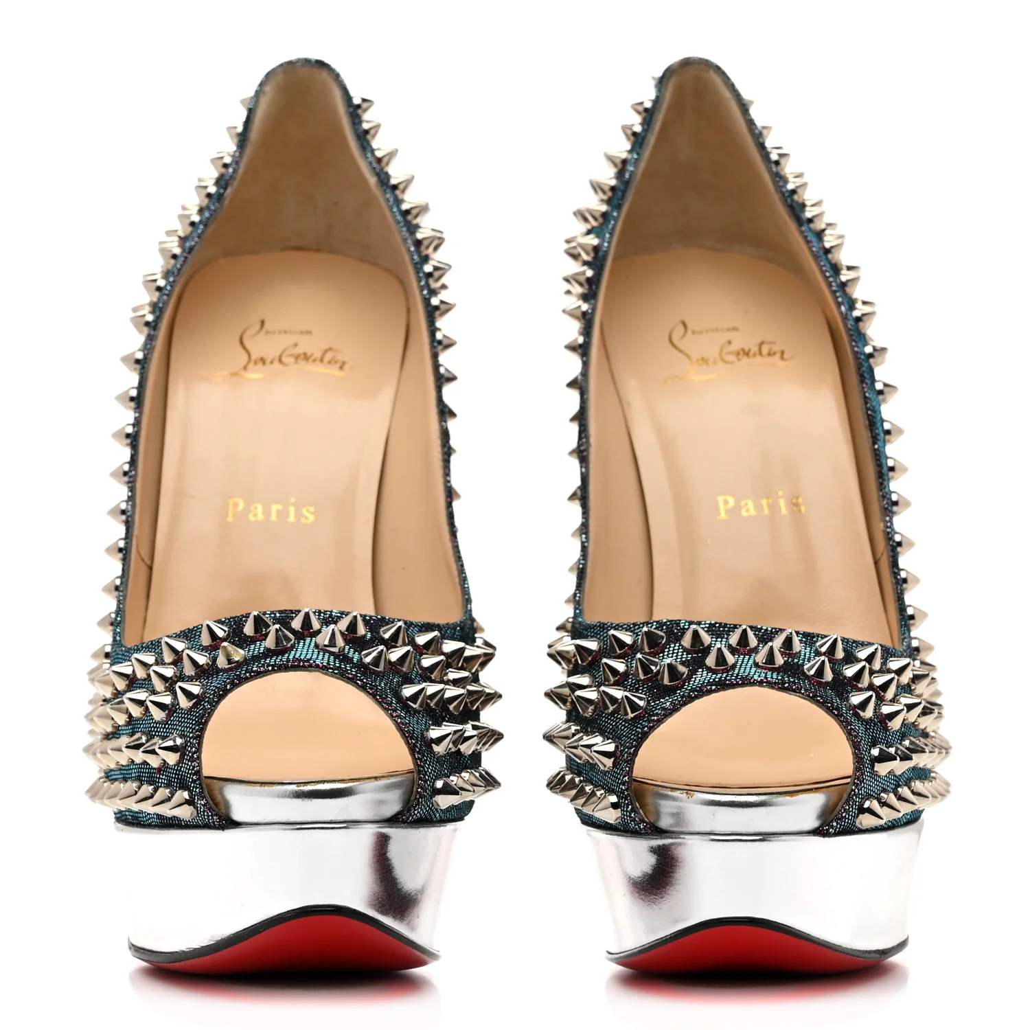 Lame Satin Lady Peep Spikes 150 Pumps 39 Turquoise Violet Silver