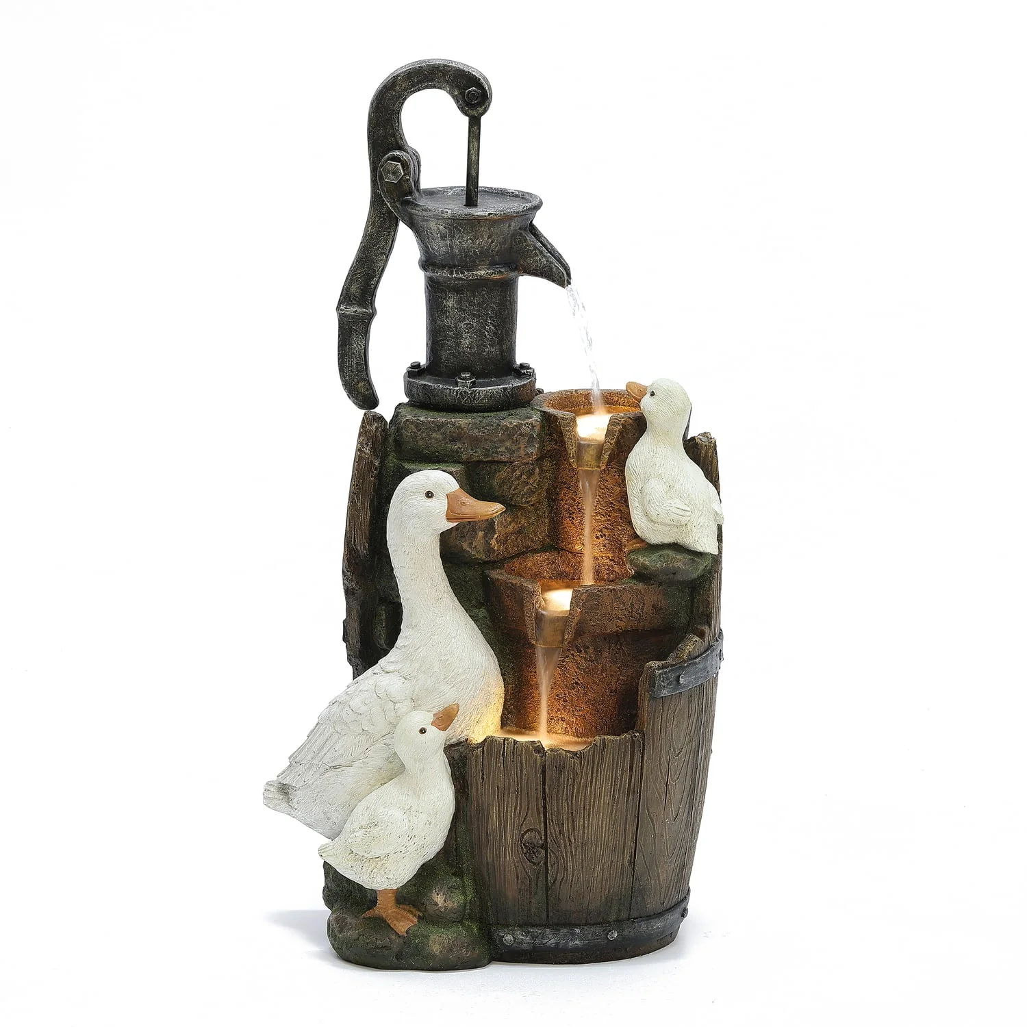 LuxenHome Farmhouse Pump and Duck Family Resin Outdoor Fountain with LED Lights LuxenHome Farmhouse Pump and Duck Family Resin Outdoor Fountain with LED Lights