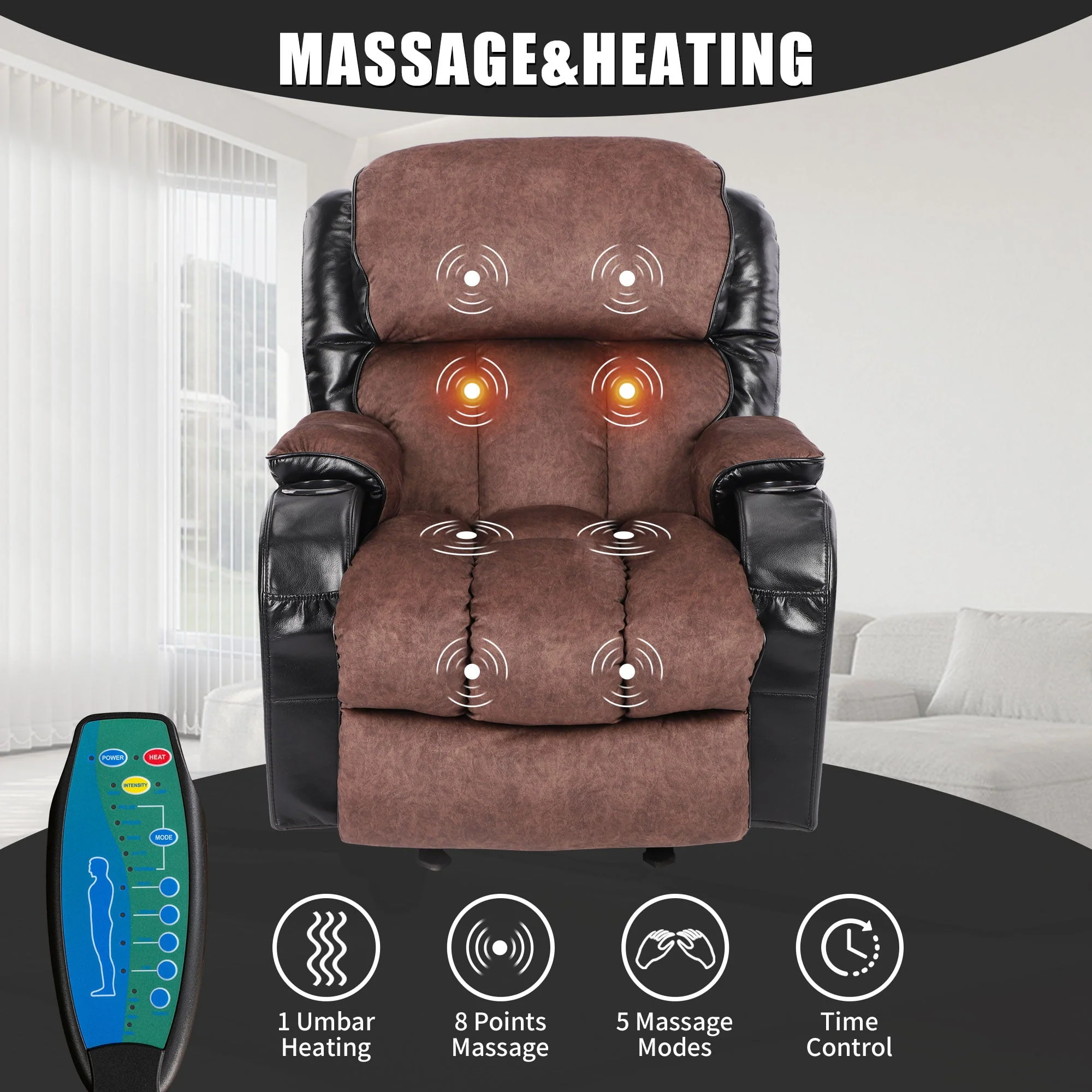 Leather Massage Recliner Chair, Modern Electric Power Rocker with Heated Massage, Ergonomic Lounge Chair, Single Sofa Seat with Drink Holders for Living Room, Black and Brown(Black) Image 10