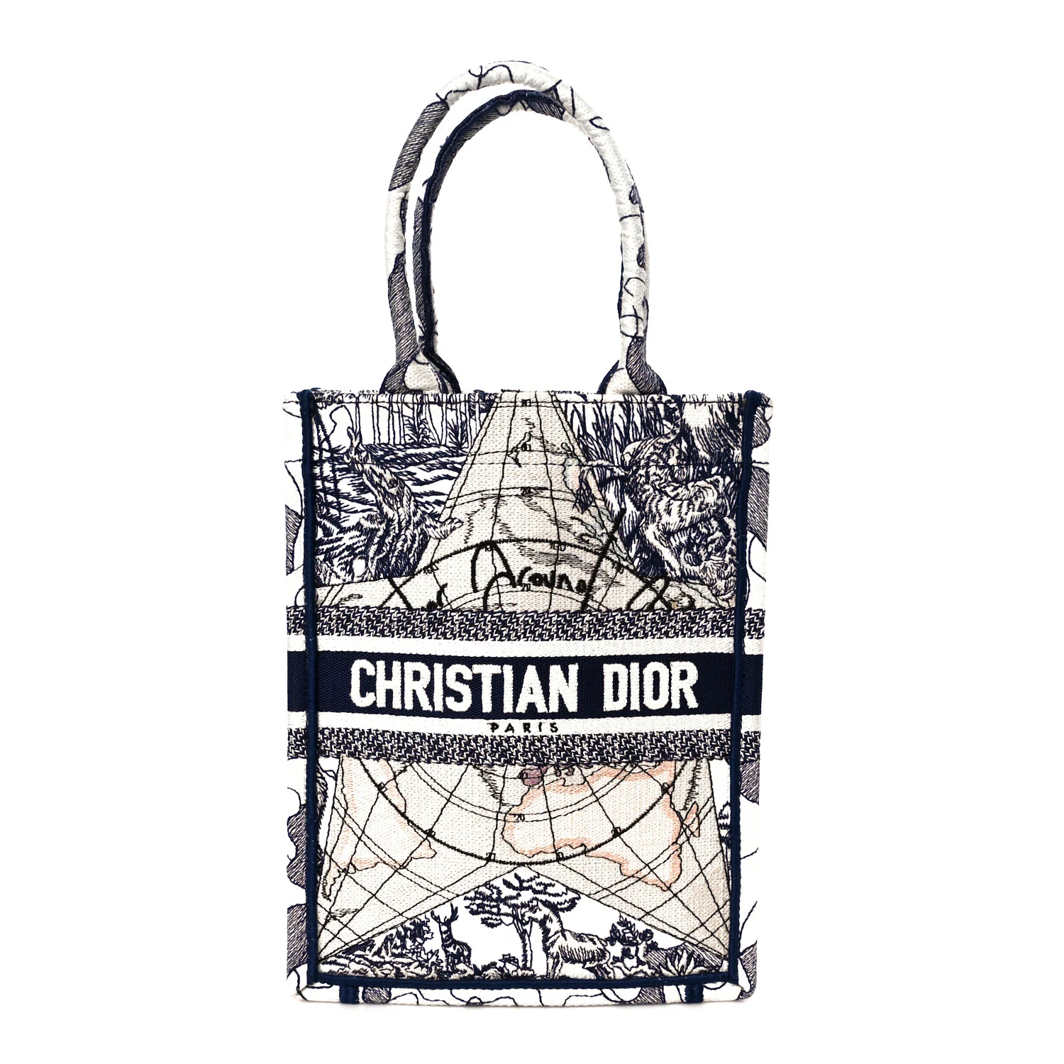 Canvas Embroidered Around The World Vertical Book Tote Blue