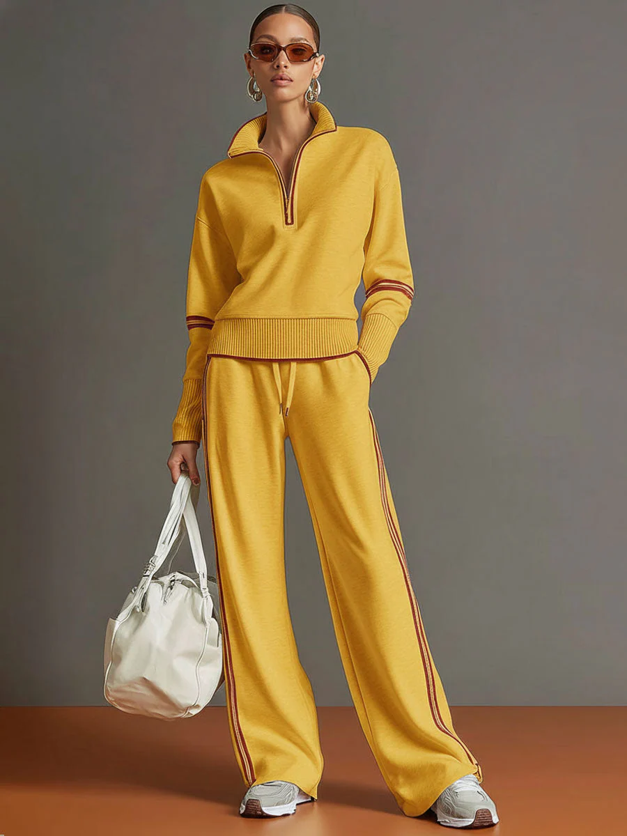 Ensemble sweat à demi-fermeture éclair et pantalon à jambes larges