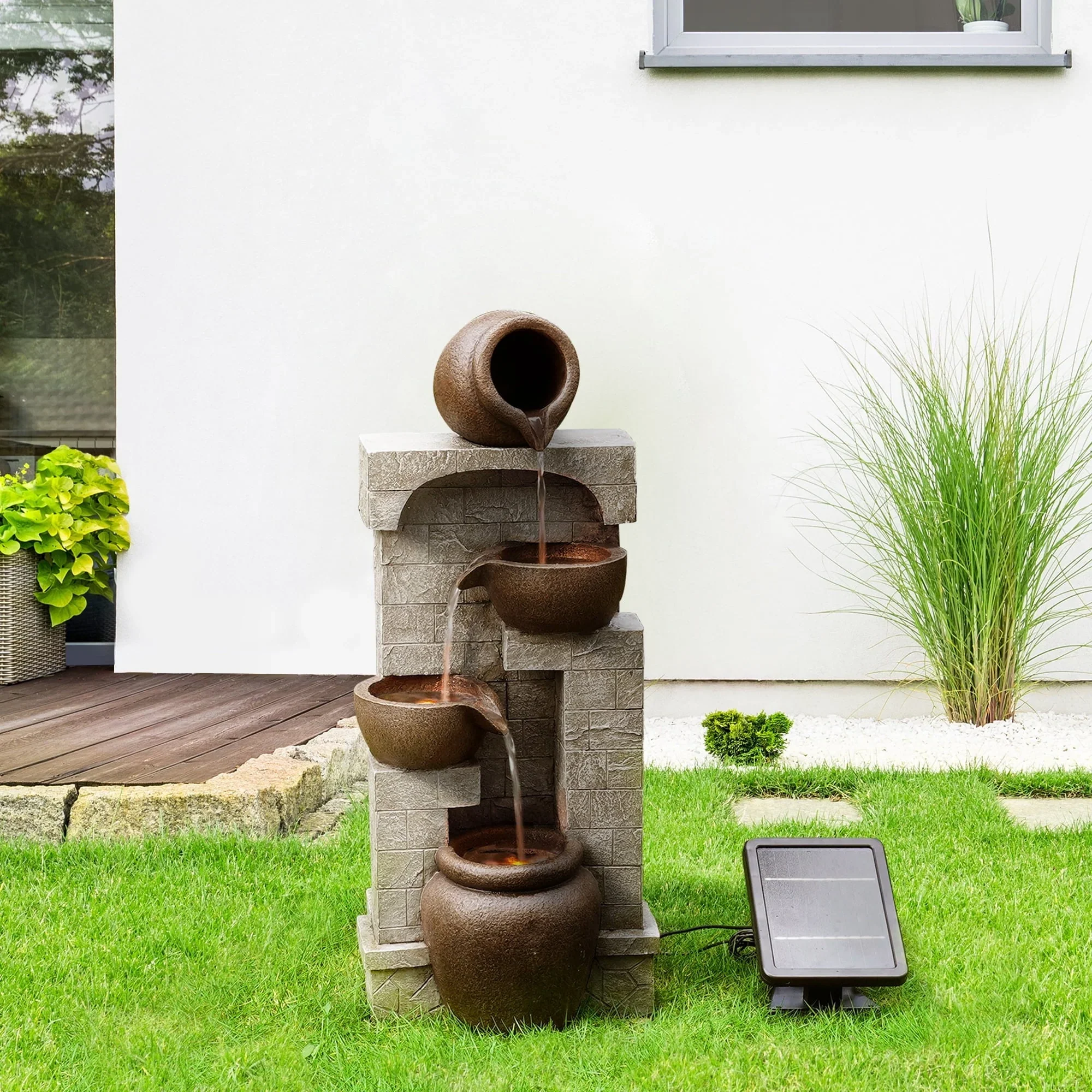 Teamson Home 28.5 Solar Powered 4-Tier Cascading Bowls & Stacked Stones Garden Water Fountain with LED Lights, Brown