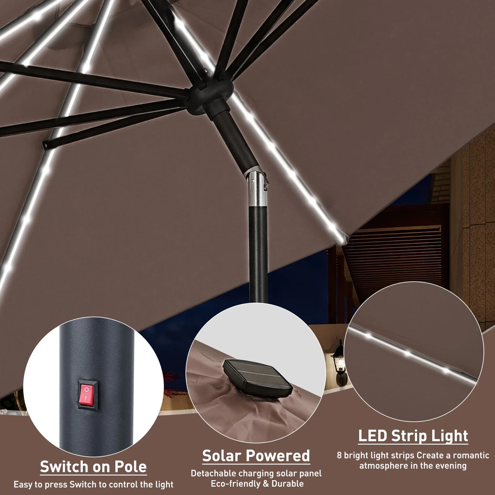 Autlaycil 10 FT Solar LED Lighted Patio Umbrella with LED Table Umbrella with 8 LED Strip Lights, Fade-resistant & Waterproof for Garden, Backyard, Poolside, Push Button Tilt (Blue)