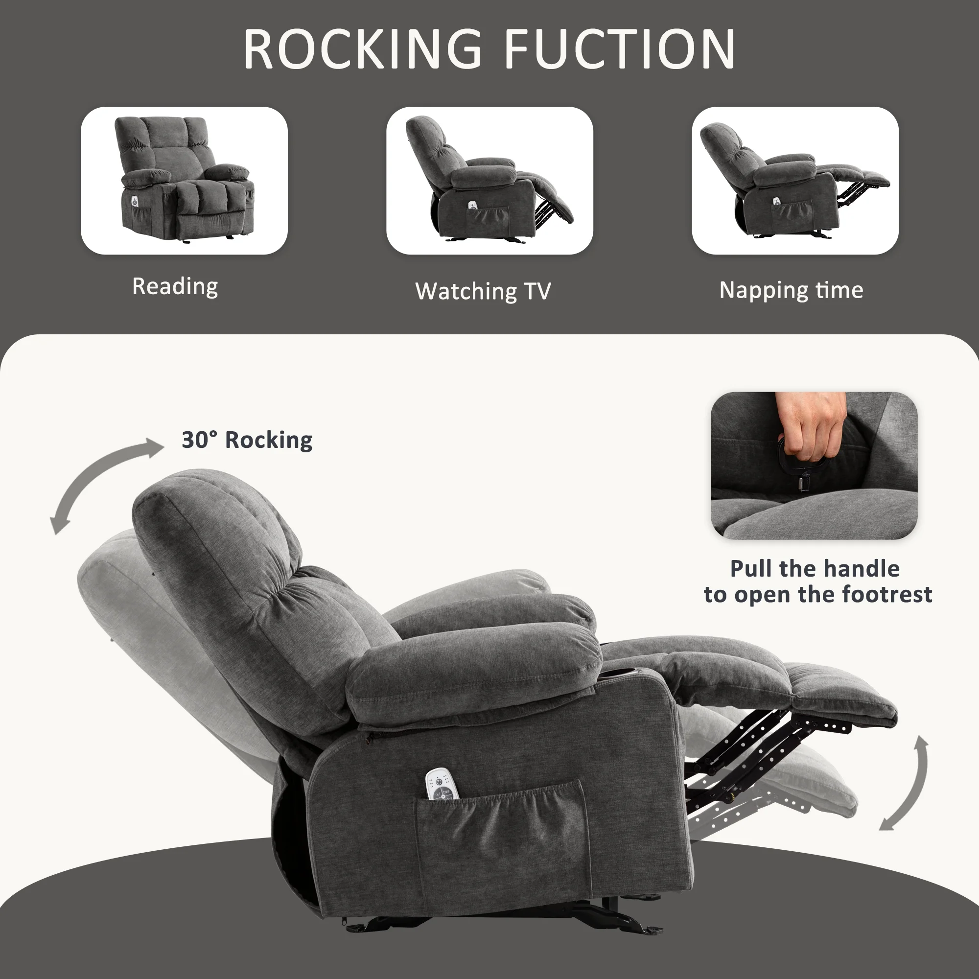 Manual Recliner Chair with Heat Therapy and Massage Function, Heavy Duty Reclining Mechanism Massage Chair, Elderly Single Rocker Sofa with Cup Holders for Bedroom Home Theater,Grey(Regular-Grey) - Image 10