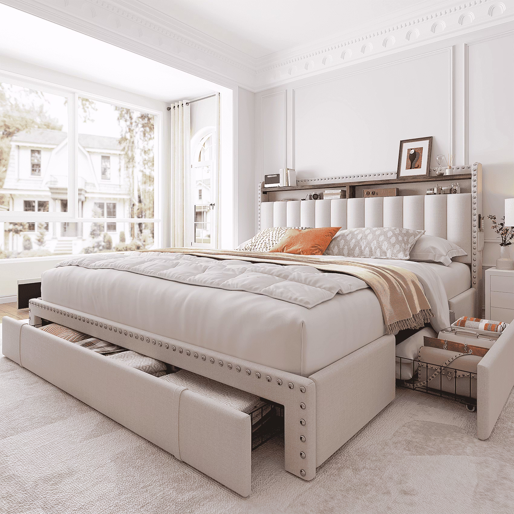 Queen Bed Frame with 3 Storage Drawers Upholstered Queen Size Bed Frame with Headboard Noise Free Platform Bed with Metal Frame Wood Slats Support Beige Bedroom Furniture for Adults Clothes(Queen/Beige/with Storage Shelf)
