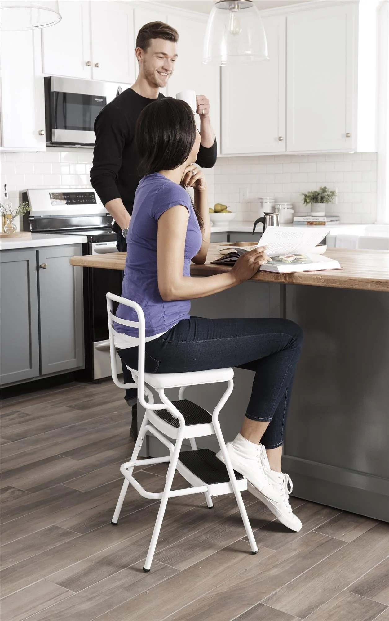 COSCO Stylaire Retro Chair + Step Stool with Flip - up Seat (White, One Pack)