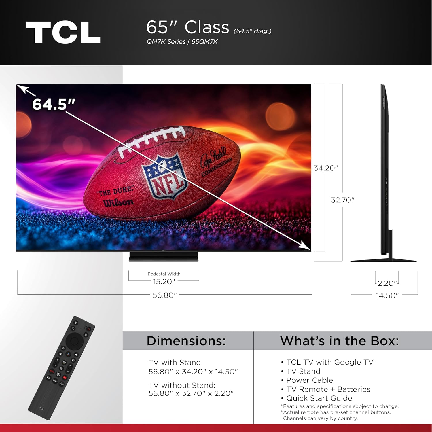 TCL 65 Inch Class QM7K Series | Mini LED QLED 4K HDR | 65QM7K  2025 Model | 120HZ-144HZ Anti Reflective Screen Smart Google TV Dolby Atmos Onkyo Audio | Voice Remote Alexa Gaming Streaming Television