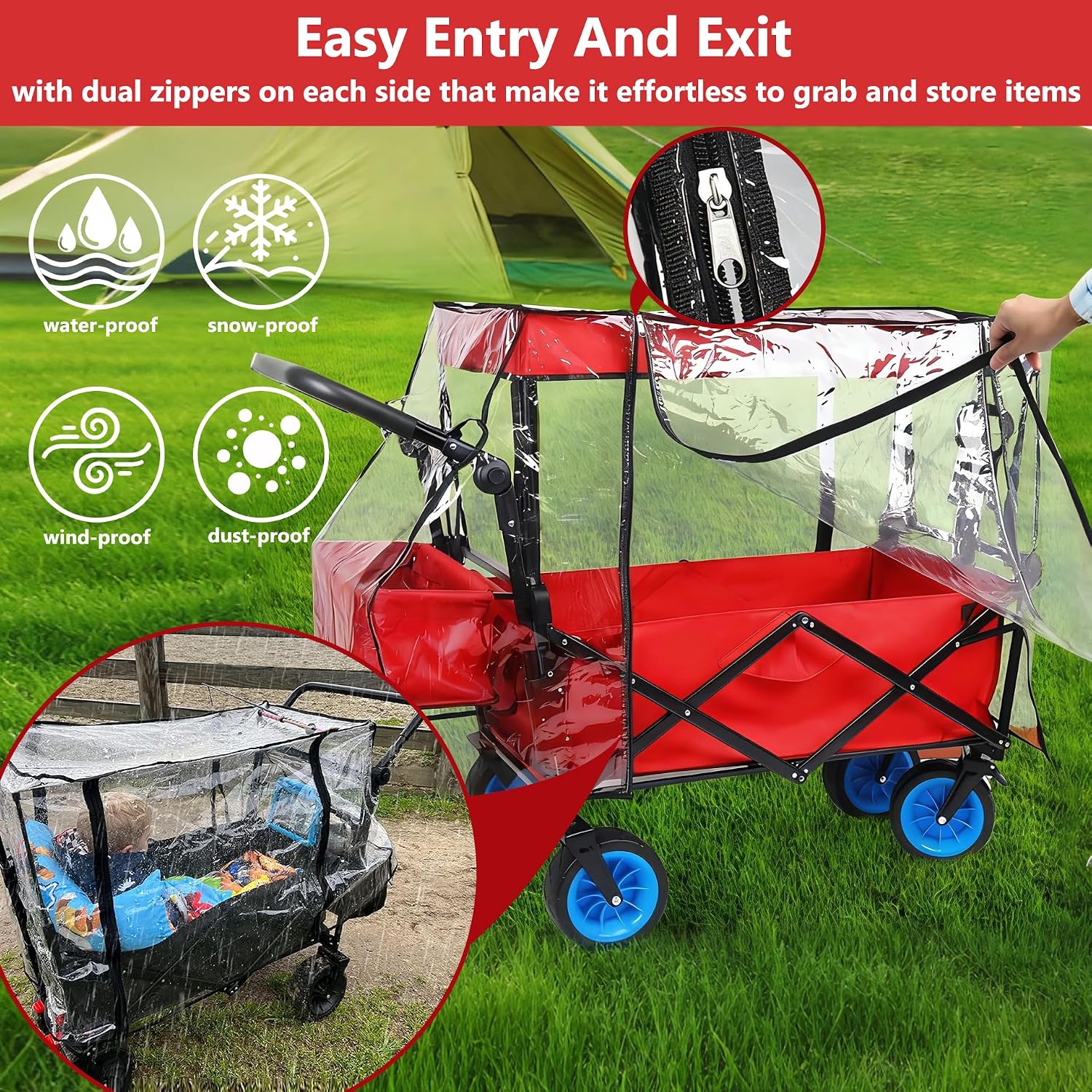 Universal Waterproof Wagon Cover, Two-Sided Zippers Rain Canopy