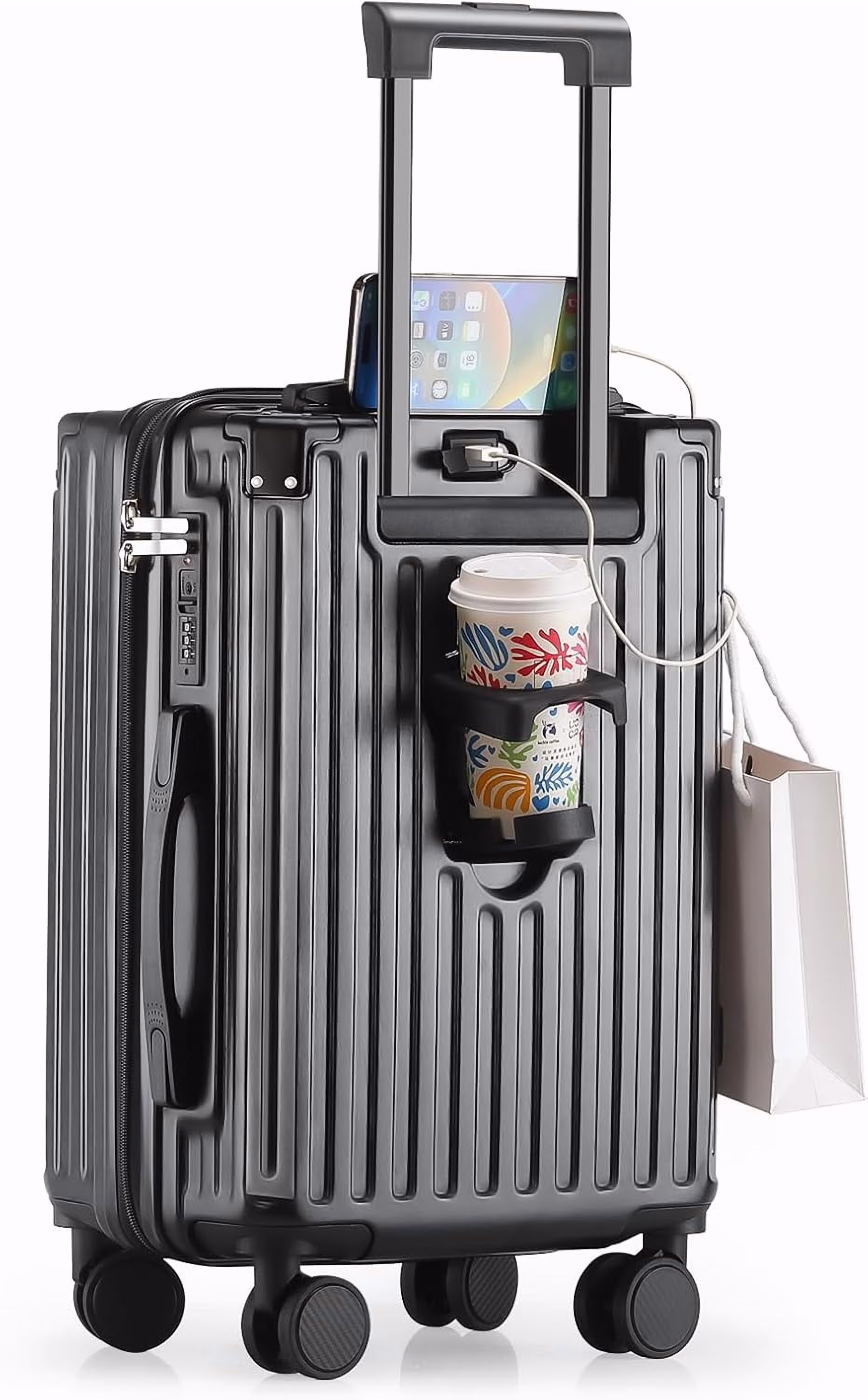20 Inch Carry On Luggage With Cup Holder USB Port, Airline Approved TSA-locked Luggage, Lightweight PC Material Travel Suitcase With 360�� Spinner Wheel(20in-White/20in) - Image 3