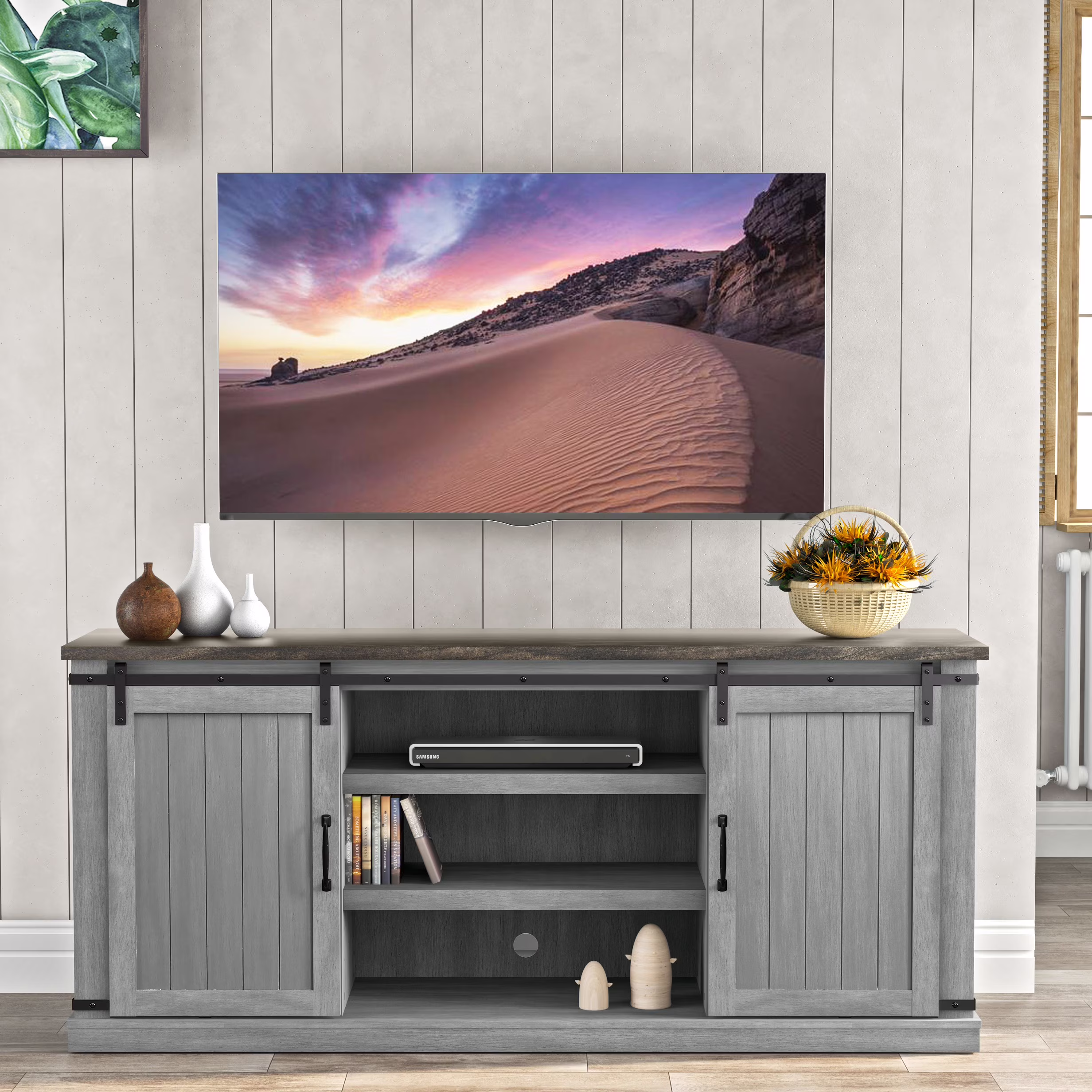 Farmhouse TV Stand for 75" TV, Entertainment Center, Sliding Barn Door TV Stand, 68 inch TV Console Table, Home Living Room Media Console with Adjustable Shelf Off White(Off White) - Image 3