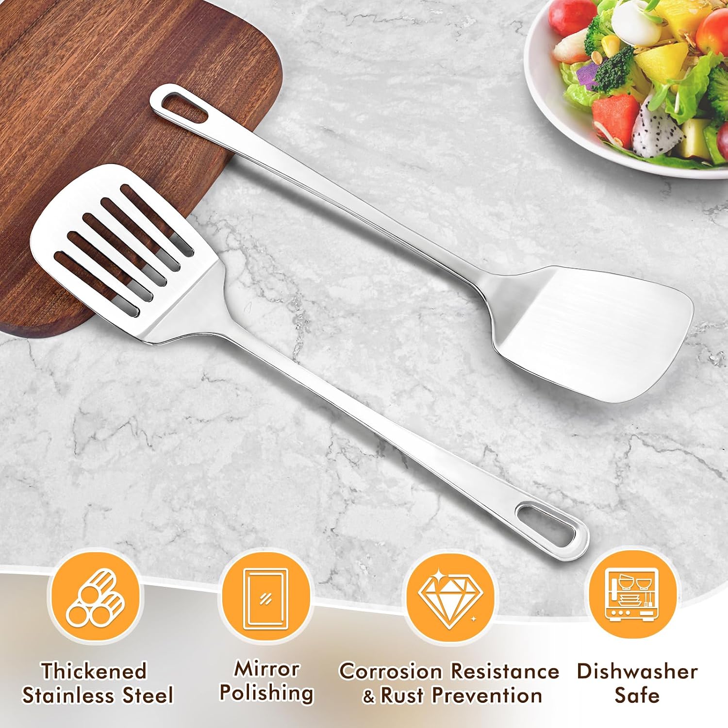 2 Pcs Stainless Steel Spatula Set, Metal Spatula Solid & Slotted Turner, Heavy Duty Sturdy Spatula for Kitchen Use, High Heat Resistant Cooking Utensils for Fish Eggs Pancakes, Easy to Clean, Silver