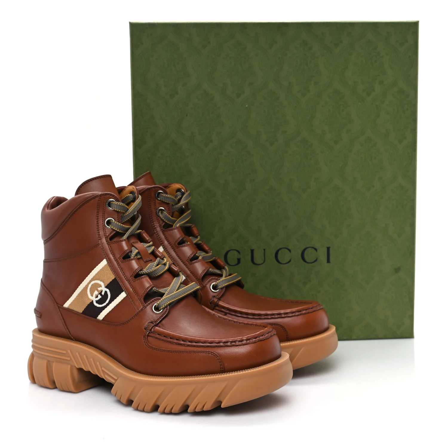 Quebec Calfskin Web Mens Interlocking G Lace Up Combat Up Combat Boots 8 Cuir Mystic White Ebony Beige