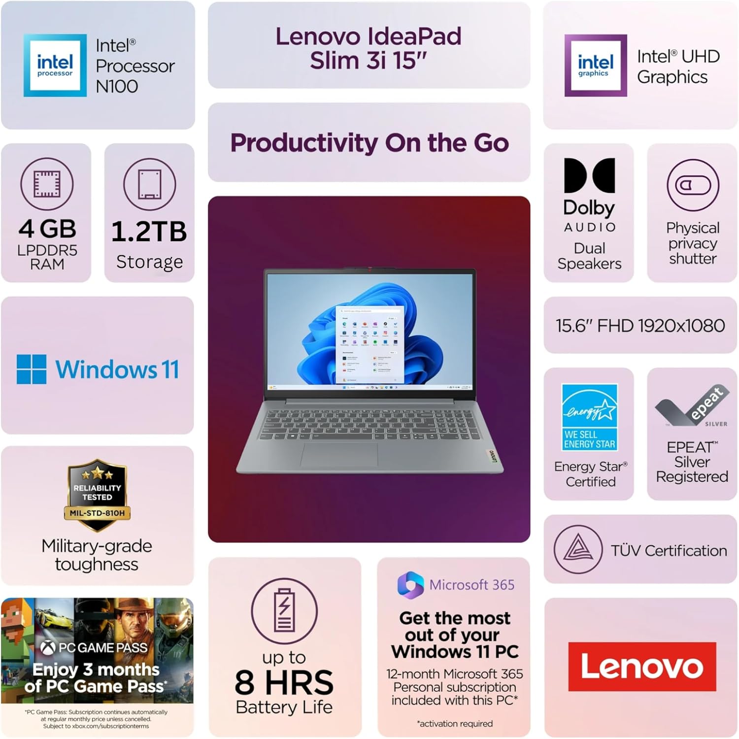 Lenovo IdeaPad Slim 3i - 15.6“ FHD Dispaly - Intel 4 Cores - Microsoft 365 Included - 1.1TB Storage | 128GB SSD and 1TB Cloud  Military-Grade  no Mouse | Learn  Work  Quality and Stream