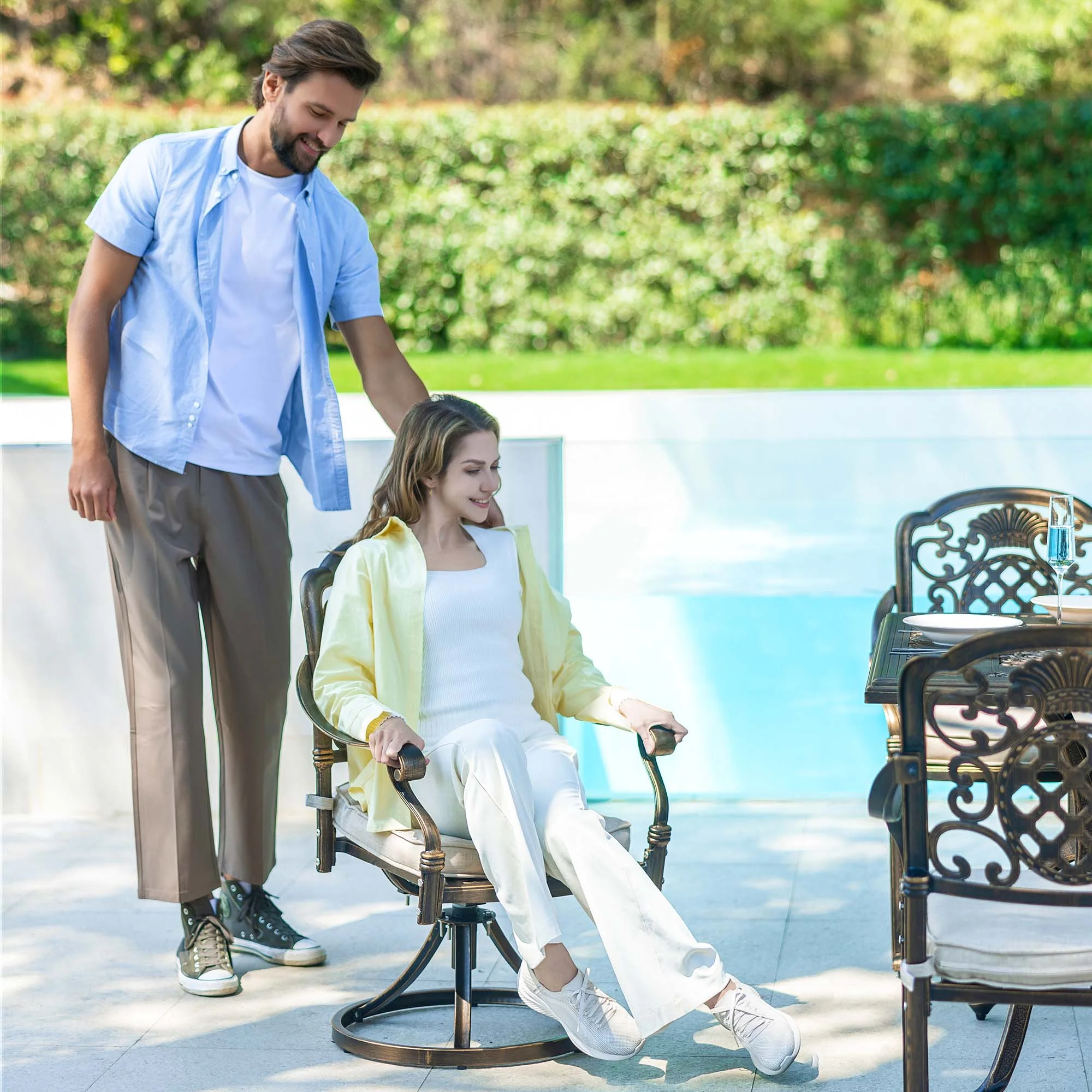 7 - Piece Patio Furniture Dining Set, All - Weather Cast Aluminum Outdoor Table and Chairs for 6, Includes 4 Dining Chair & 2 Swivel Chairs & 60 Rectangular Table, Beige