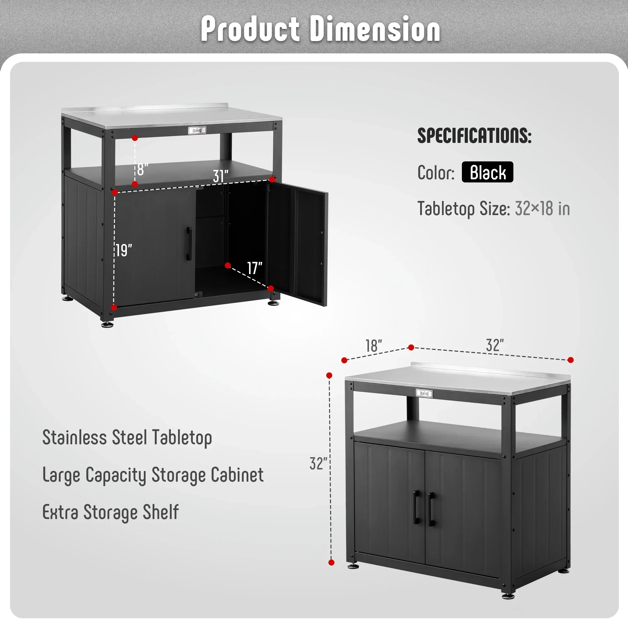 Feasto Garden Potting Bench with Storage Cabinet,Outdoor Gardening Table & Work Bench for Horticulture,Outdoor Workstation with Stainless Steel Tabletop,Black