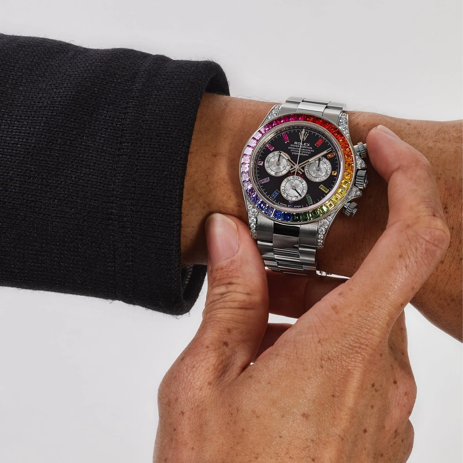 [Super Clone]Rolex Daytona  'Rainbow' White Gold Black Dial Sapphire Bezel  116599RBOW