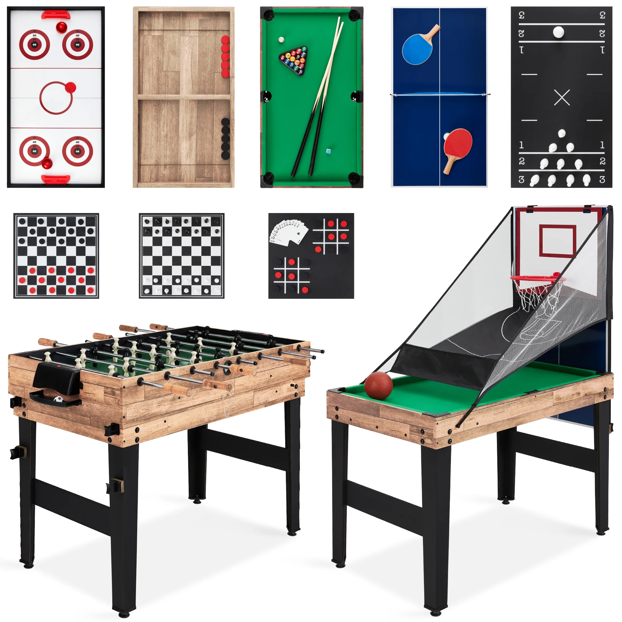 13-in-1 Combo Game Table Set w/ Ping Pong, Foosball, Basketball, Hockey, Archery Natural(Natural) - Image 2