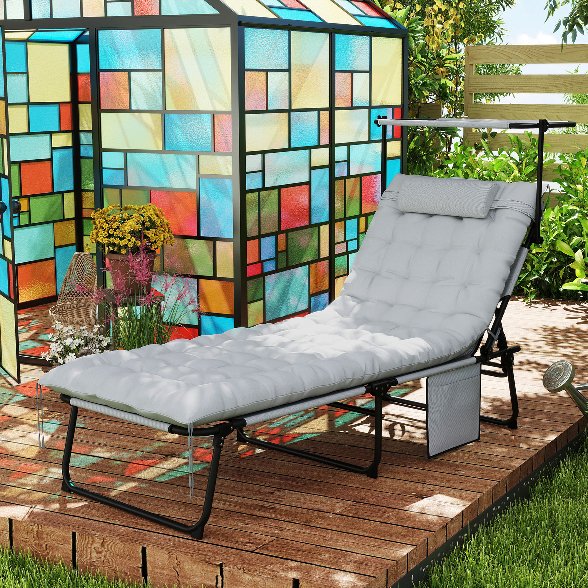 Outsunny Opvouwbare Tuinligstoel met Zonnedak en Matrasje, Ligstoel met 4 Standen Verstelbare Rugleuning Lichtgrijs