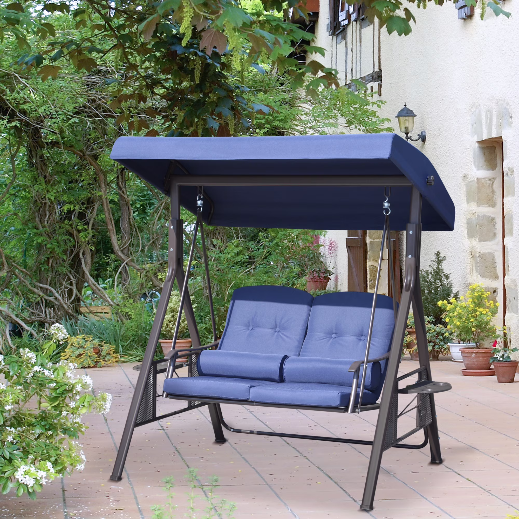 2-Person Patio Swing Bench with Adjustable Shade Canopy, Soft Cushions, Throw Pillows and Tray, Beige.(Beige) - Image 3