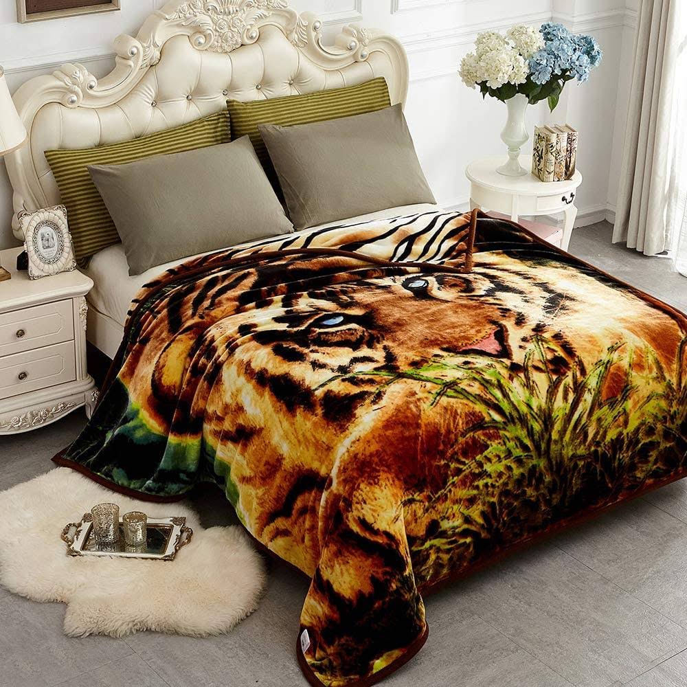 JYK Korean Faux Mink Fleece Blanket 83 x 91, 57 lb - 2 Ply Reversible Soft Warm Plush Flannel Blanket (Tiger, King)