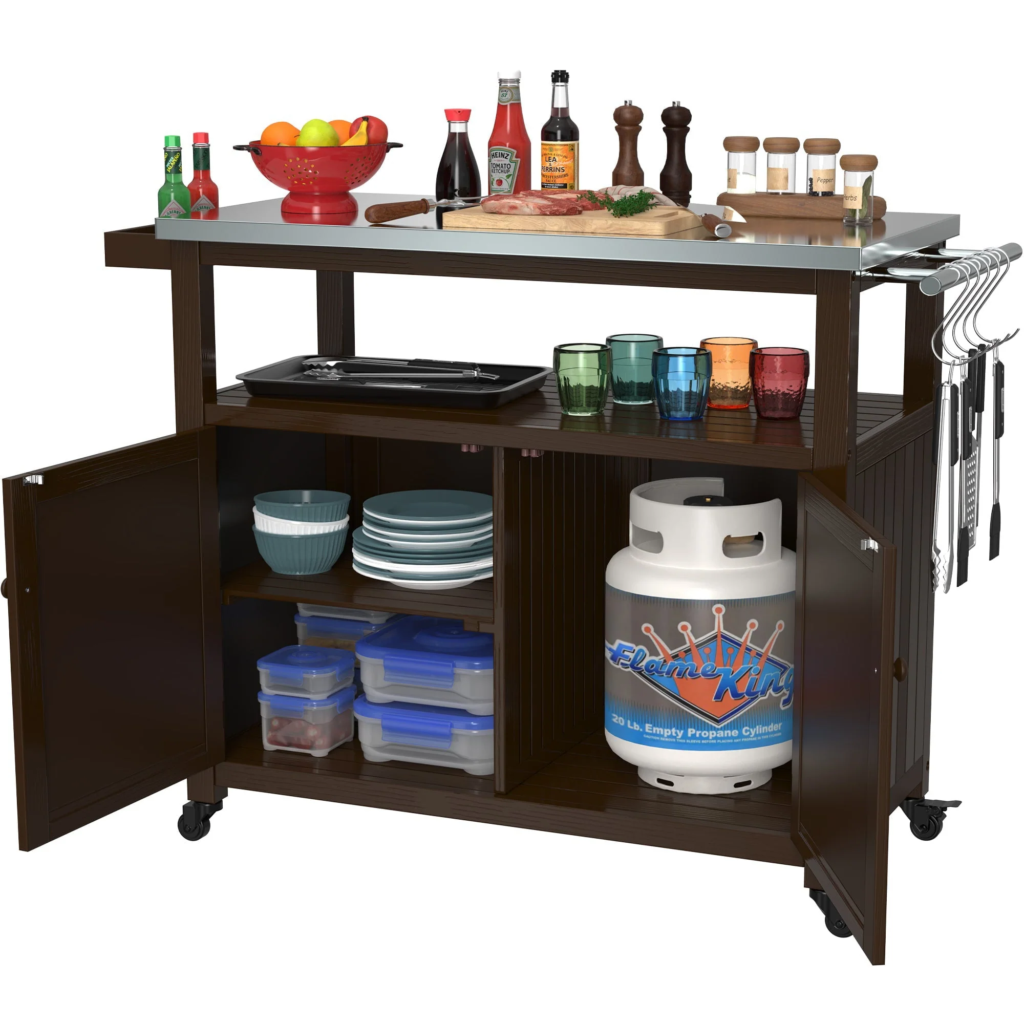 Outdoor Prep Table Grill Station, Solid Wood Movable Dining Cart Table, Dark Brown