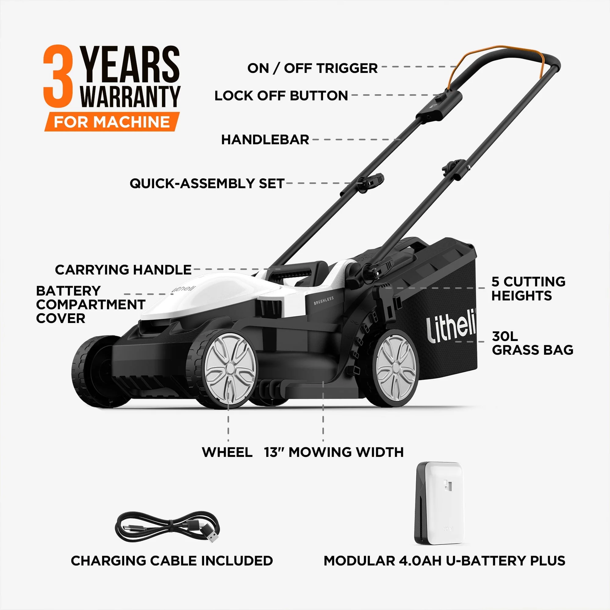 Litheli Cordless Lawn Mower 13 in, 5 Heights Adjustment, U20 Series 20V Electric Lawn Mowers for Garden with Brushless Motor, 4.0ah Portable Battery Included
