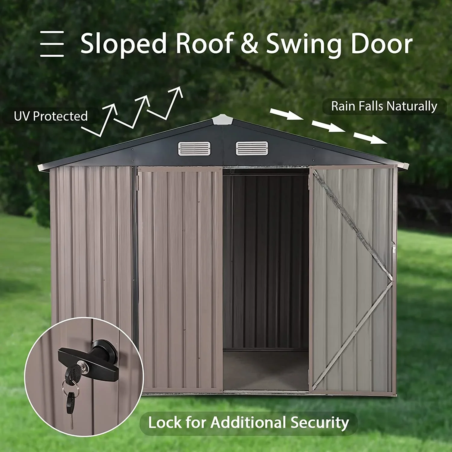 JOIVI 8'x6' Outdoor Storage Shed, Galvanized Metal Tool Storage Shed, Weather Resistant Garden Shed W/Lock for Backyard Patio Lawn, Brown