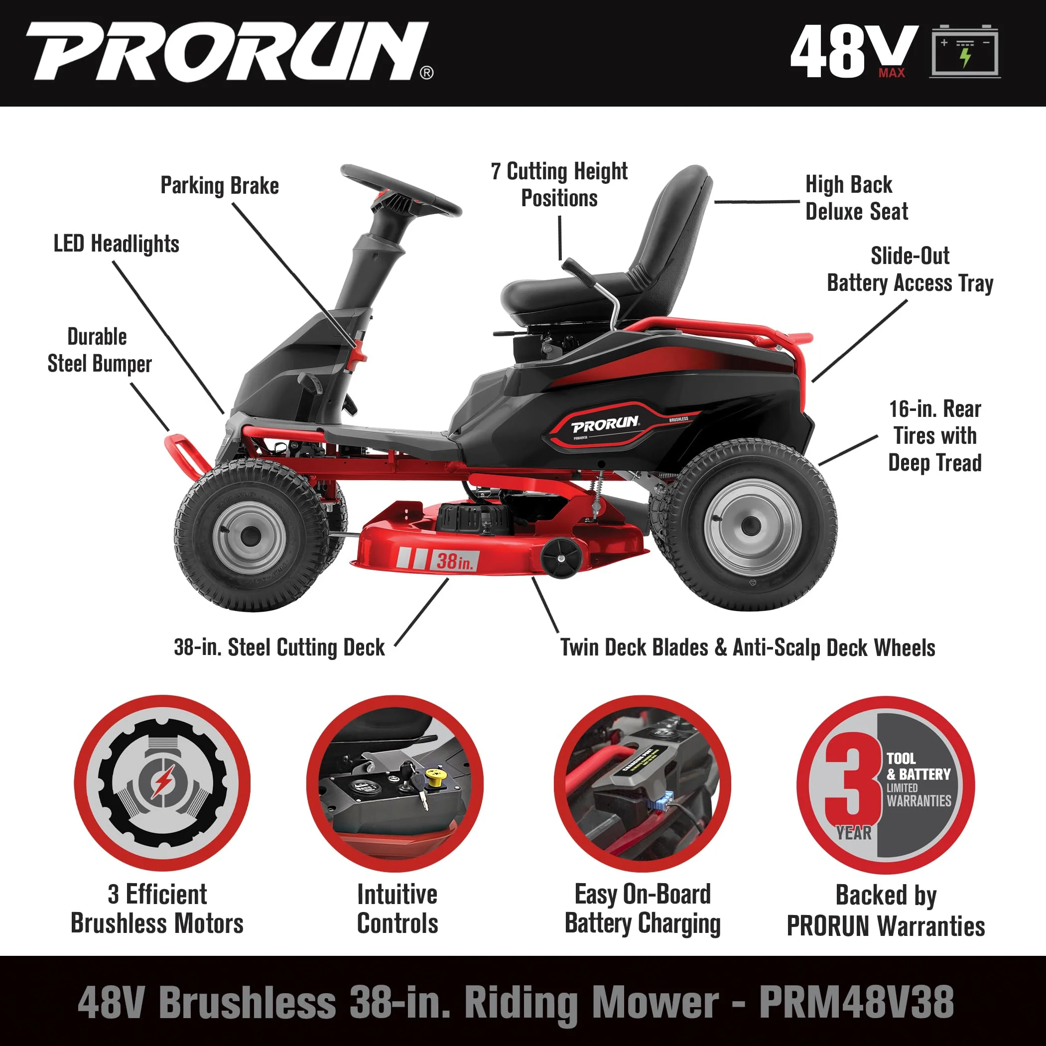 48V 38-in. Steel Deck Brushless Riding Lawn Mower with 75 Ah Battery and Charger - Image 7