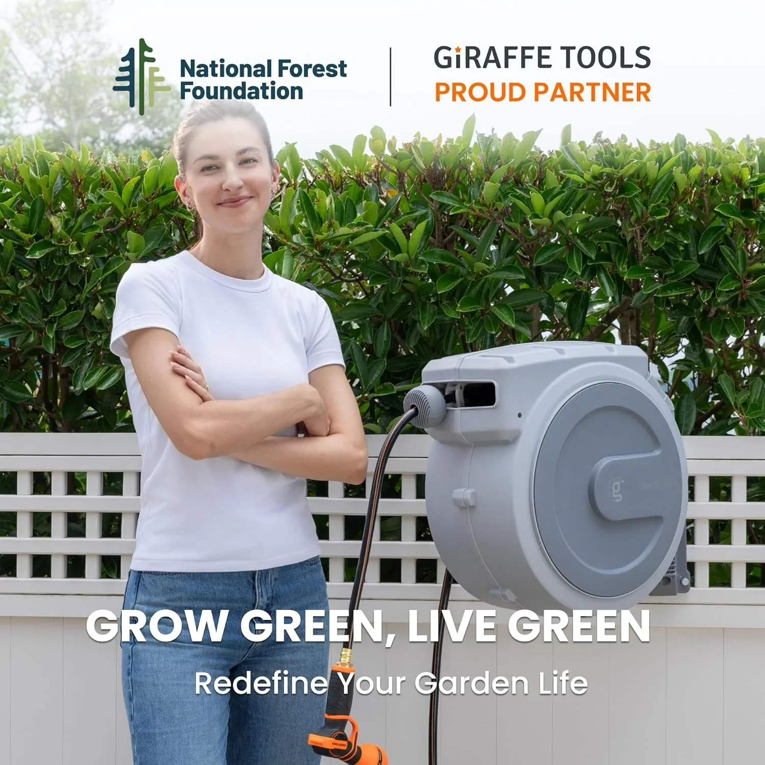 Giraffe Tools Retractable Garden Hose Reel with 1/2in-100ft Water Hose, Plastic Bracket, Wall Mounted, Dark Grey