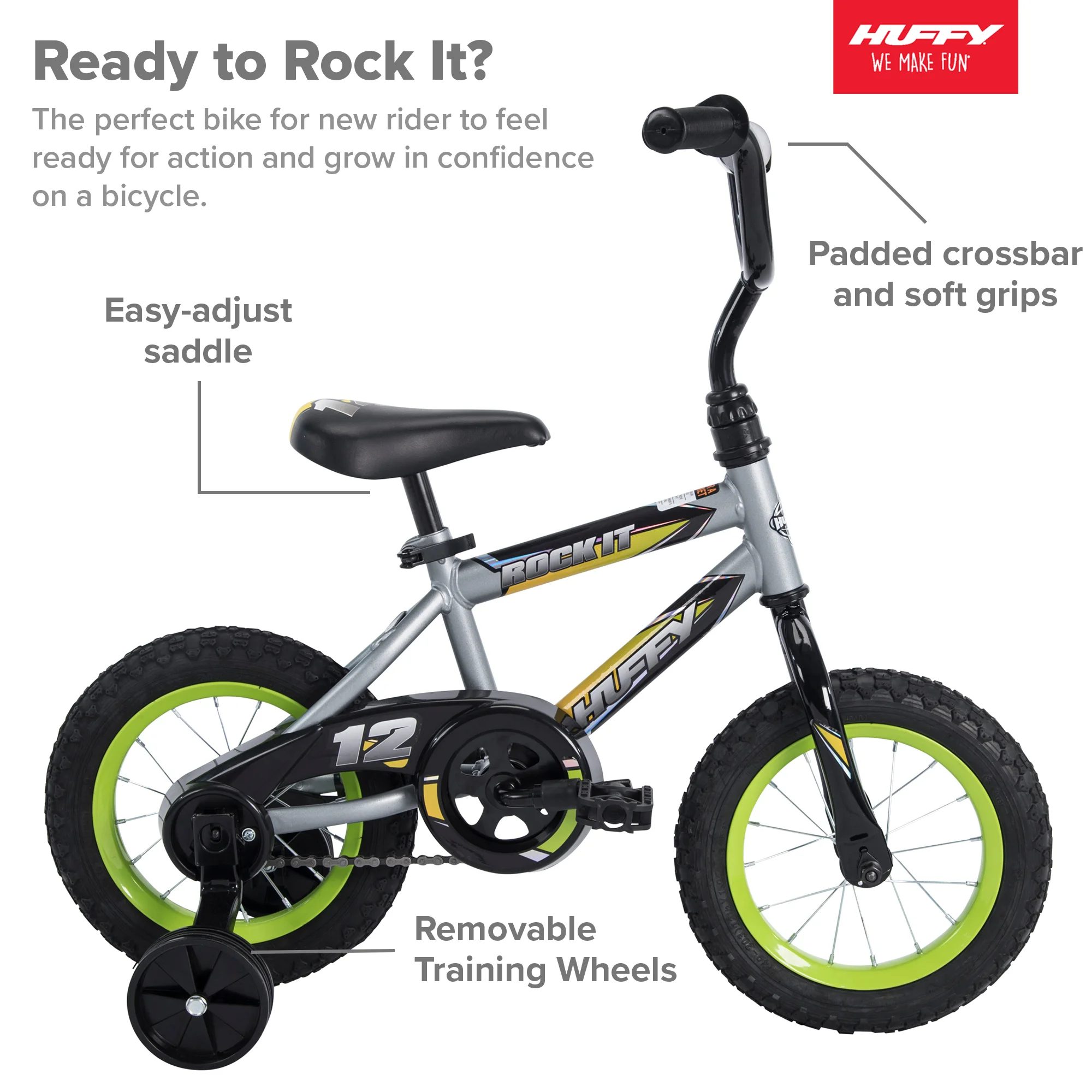 12 in. Rock It Boy Kids Bike, Grey Matte and Lime - Image 3