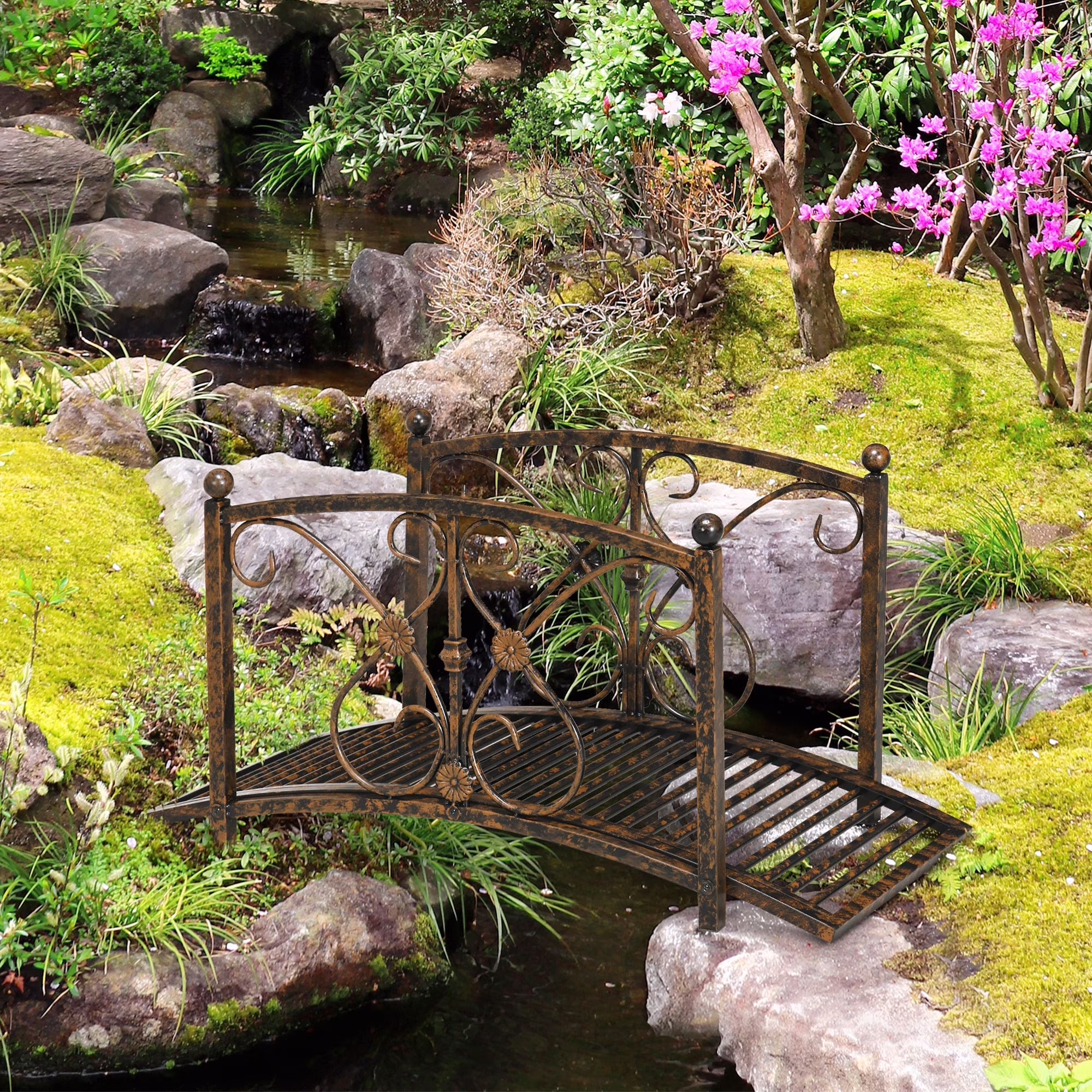 3.3ft Metal Garden Bridge, Decorative Classic Footbridge Pond Bridge with Safety Railing