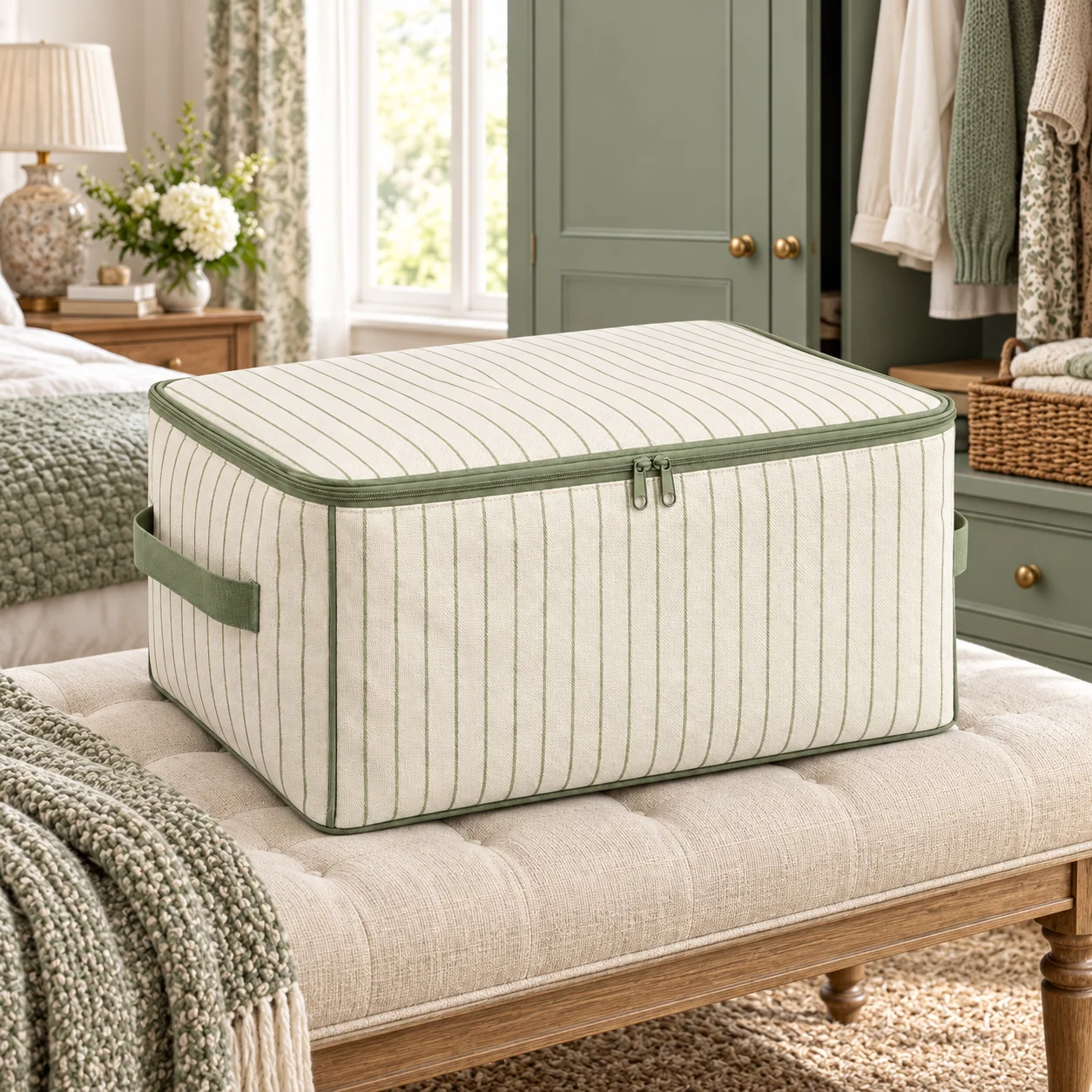 Sage Stripe Clothes Storage Bag, Standard