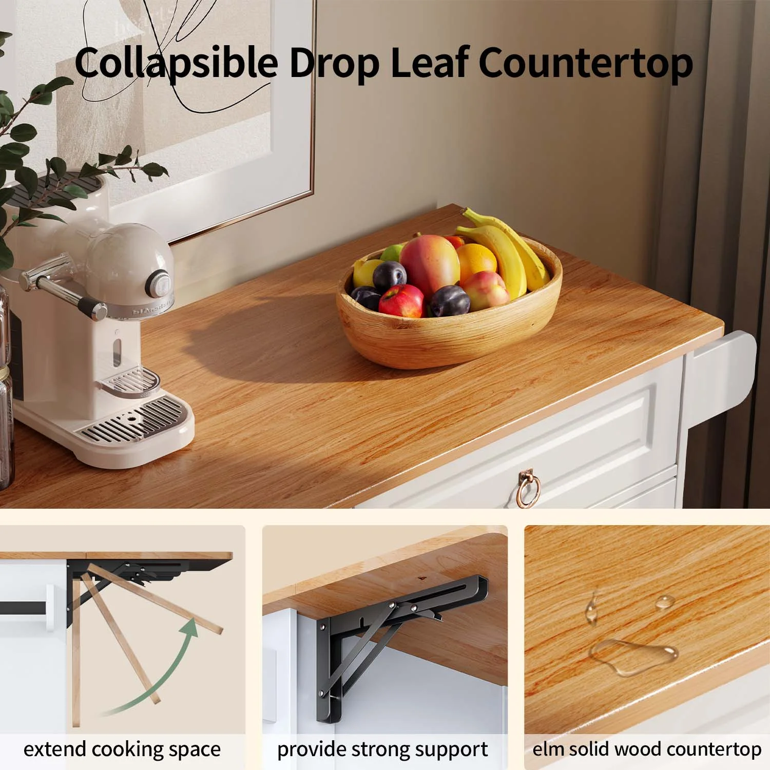 52-Inch Kitchen Island with Storage on Wheels with Wood Drop Leaf, Ideal for Small Kitchens(White) - Image 7
