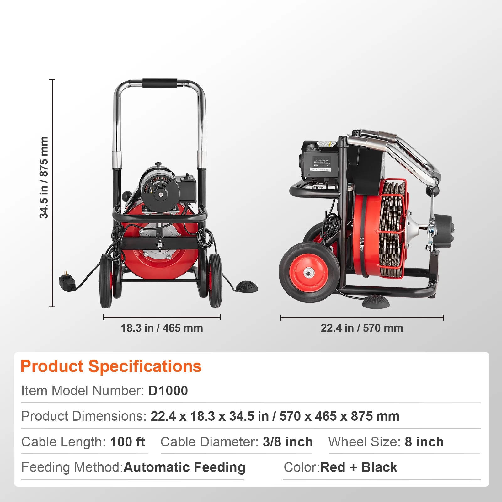 Drain Cleaner Machine, 100FT x 3/8 Inch with Auto Feed, 370W, Portable on Wheels, Includes 8 Cutters Air Foot Switch, Cleans 2"-4" Pipes - Image 3